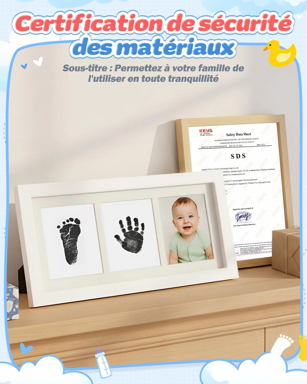 Kit Empreinte Bébé Main et Pied avec Cadre Photo, 2 Tampons Encreurs, 6 Cartes, 4 Clips, Cadeau Baby Shower (Blanc)