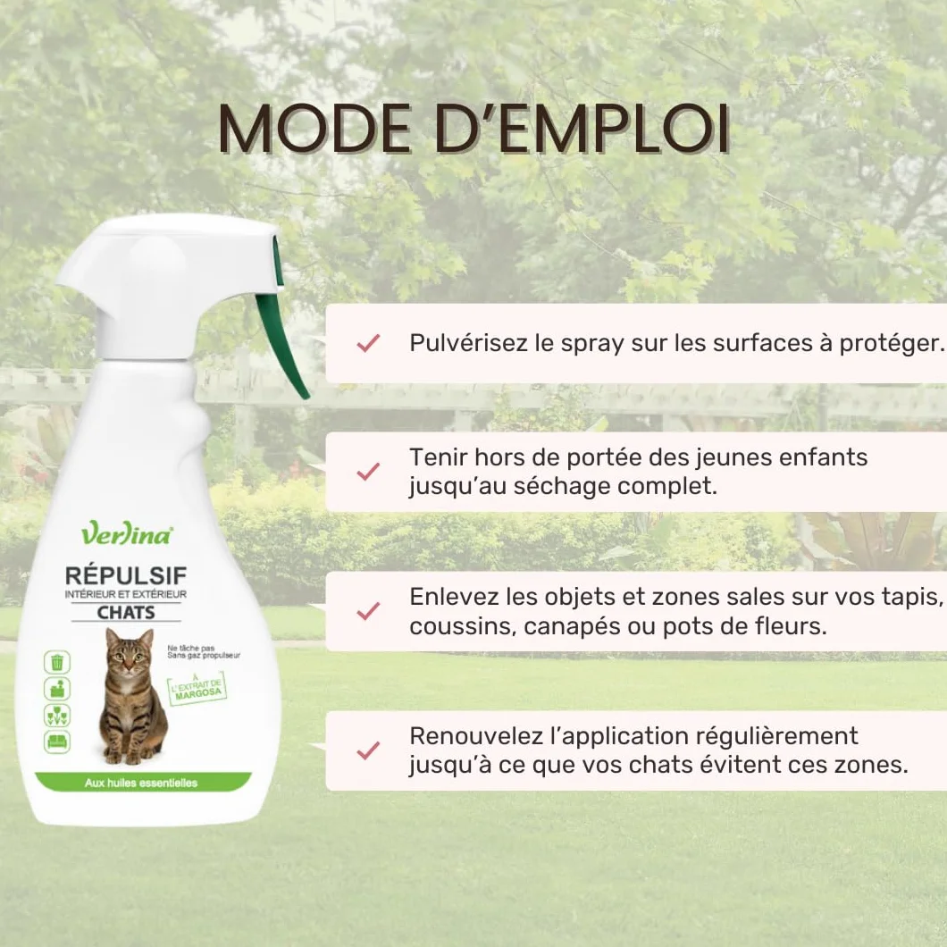 Répulsif Chats Intérieur Extérieur 500 ML Spray Naturel Huiles Essentielles Margosa Géraniol Protection 10 m²
