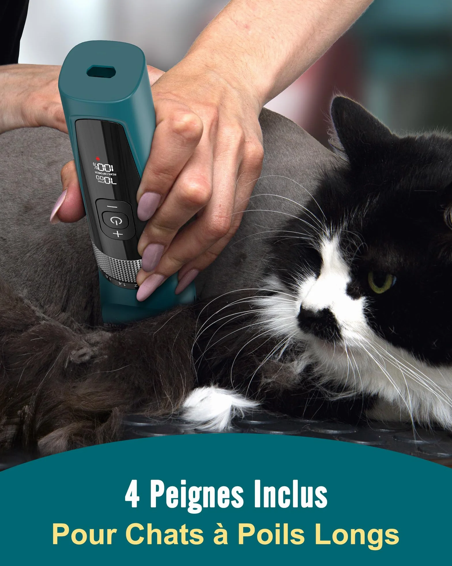 Oneisall Tondeuse pour Chat Silencieuse, Professionnelle à Poils Longs, Rasoir 5 Vitesses avec Écran LCD, IPX6, Vert