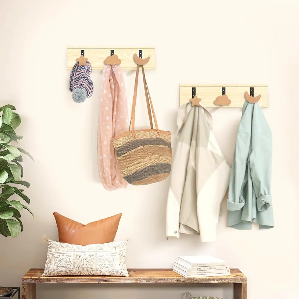 Poignées de Meubles en Bois Aolso, 6pcs Nuages Étoiles Lune, Poignée d'Armoire Tiroir Chambre Enfant