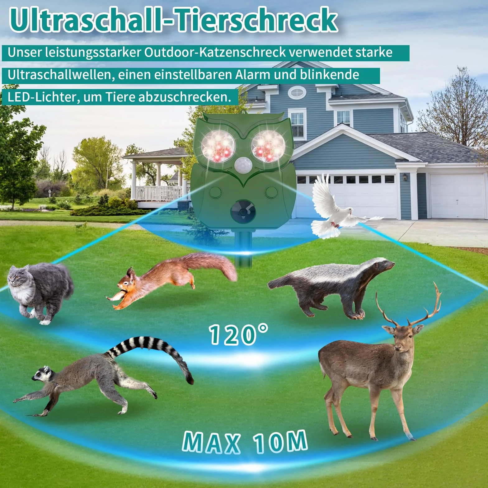 Répulsif Chat Ultrason 2 Pièces Anti Chat avec Détecteur de Mouvement pour Animaux Oiseaux Chiens Vergers Jardins