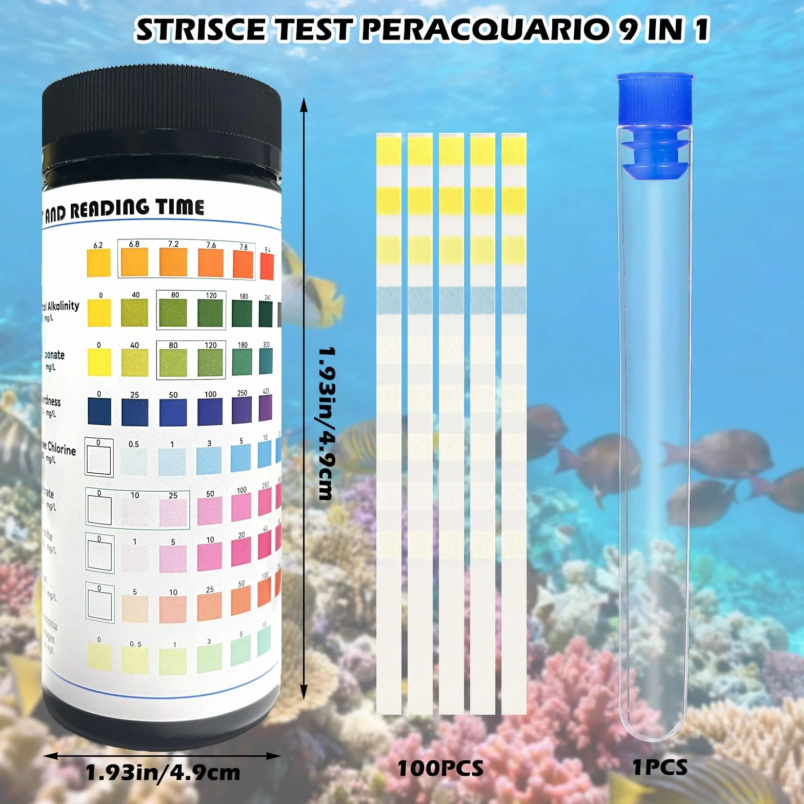 9 en 1 Test d'eau pour Aquarium, 100 Bandelettes de Test Eau pour PH, Alcalinité Totale, Dureté, Carbonatée, Nitrite, Nitrate, Chlore Fer et Ammoniac, Accessoire pour Bassins