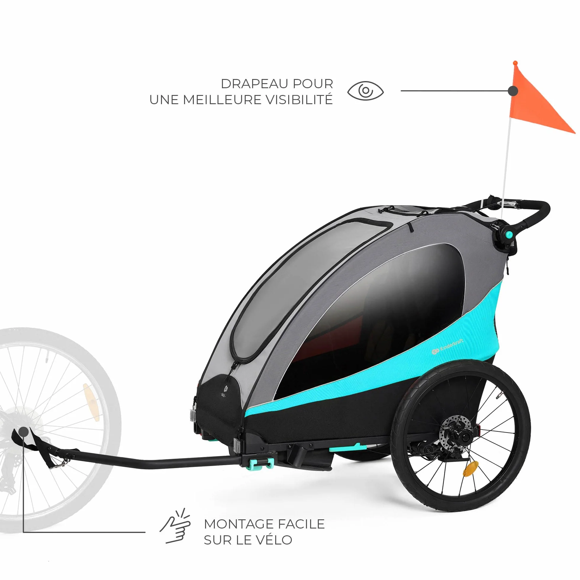 Kinderkraft NAVA 3-en-1 Remorque pour enfants Poussette Jogger Landau Remorque à vélo 2x22kg Protection pluie insectes Bleu