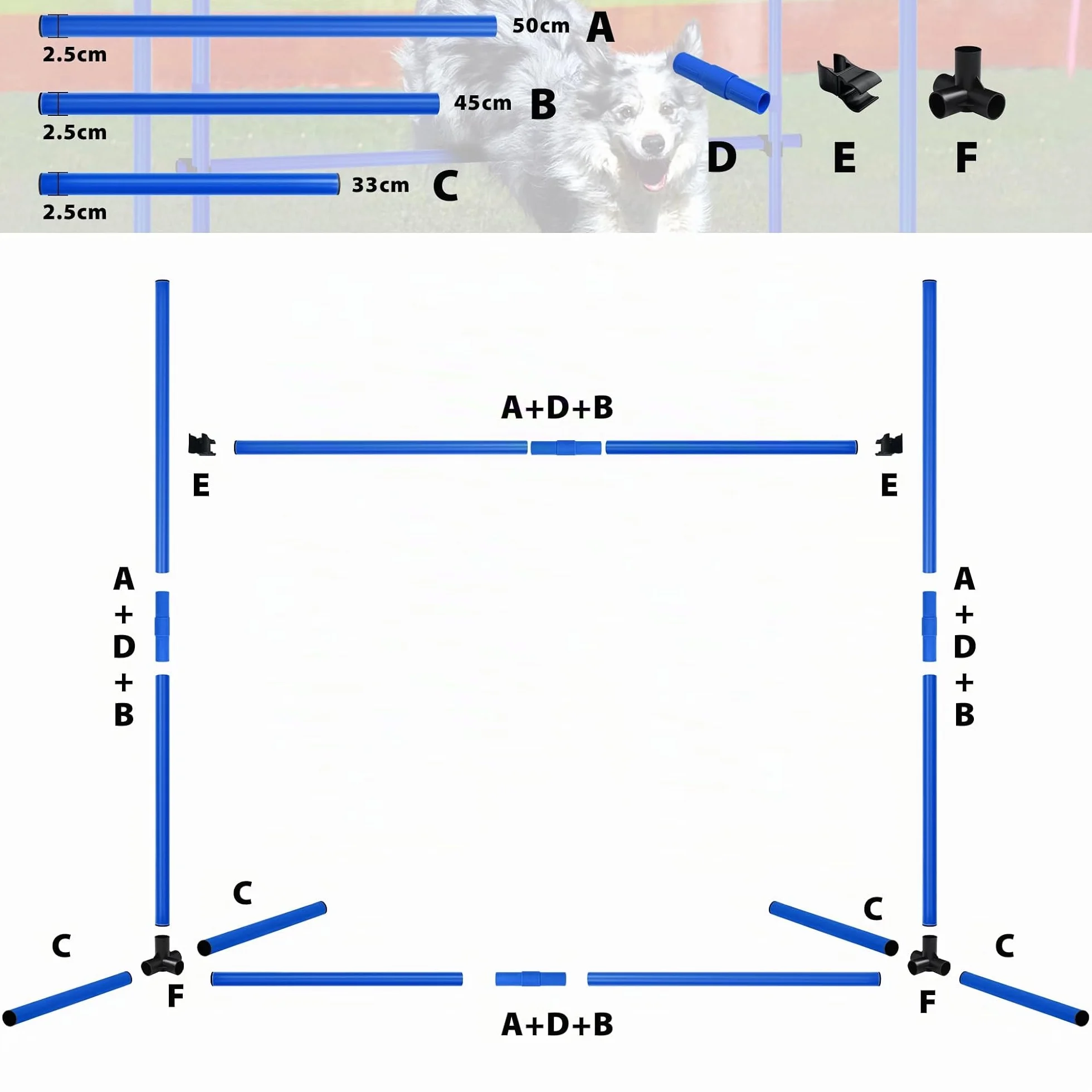 Kit d'équipement pour chien Agility 4 obstacles réglables en hauteur 104 x 70 x 101 cm Bleu