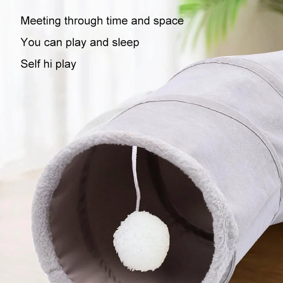 Tunnel pour Chat D'intérieur Jouets Pliables pour Chat Tube De Jeu en Forme De S Tunnel Froissé en Daim Gris pour Animaux De Compagnie avec Balle