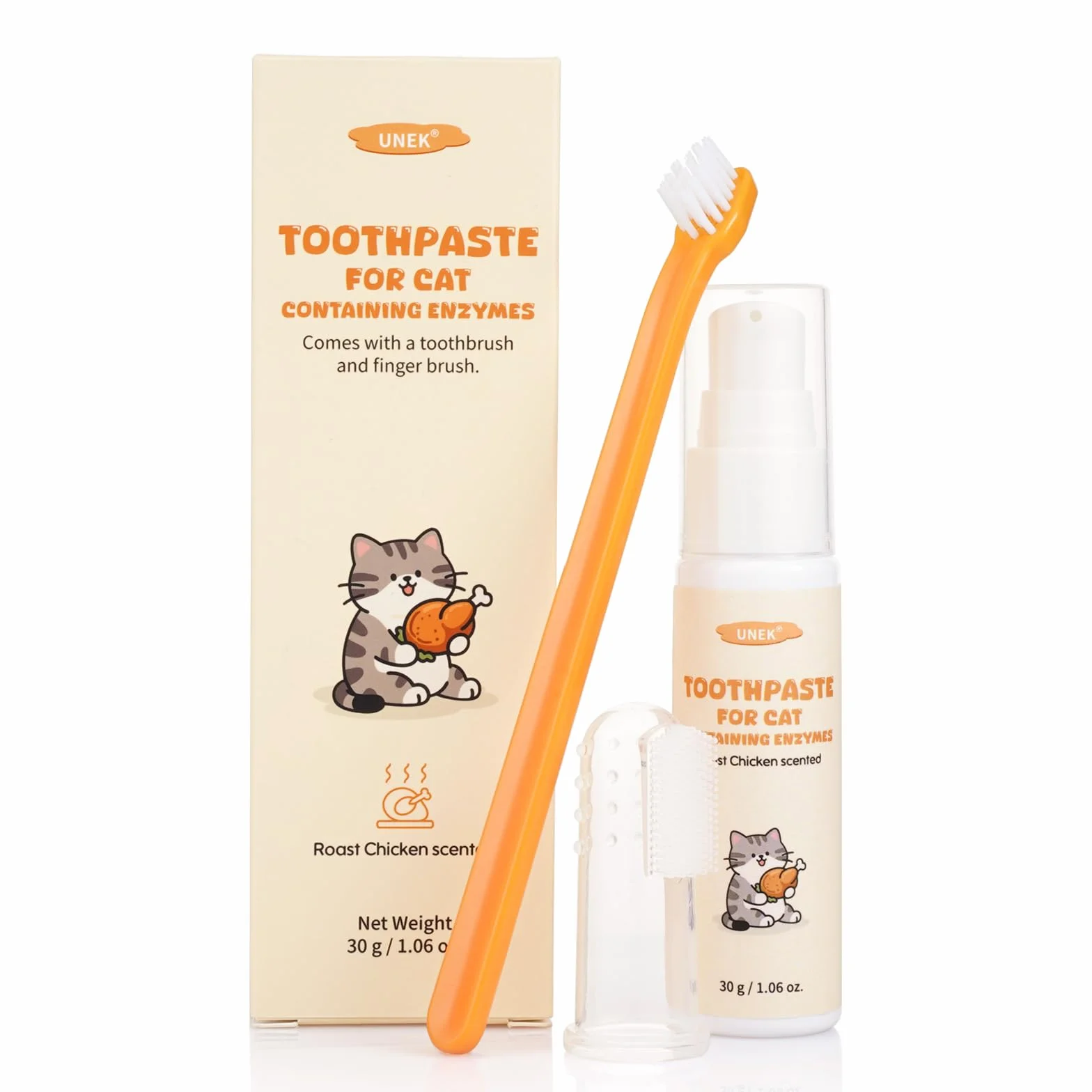 Kit de soins dentaires pour chat UNEK Dentifrice enzymatique 30 g goût poulet rôti brosse à dents brosse à doigts