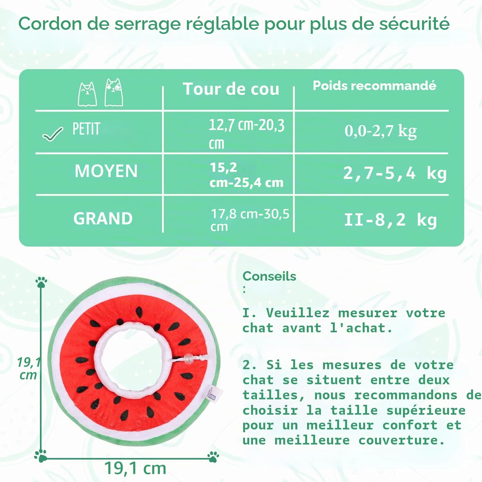 ANWA Collerette pour Chat Anti Léchage Réglable Pliable en Tissu Souple Forme Fruit Pastèque Taille S