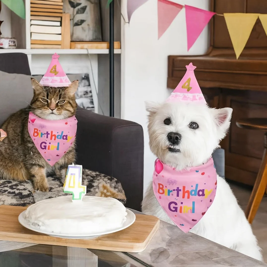Bonnet d'anniversaire pour chiens et chats, chapeau bandana réglable avec chiffres pailletés, rose