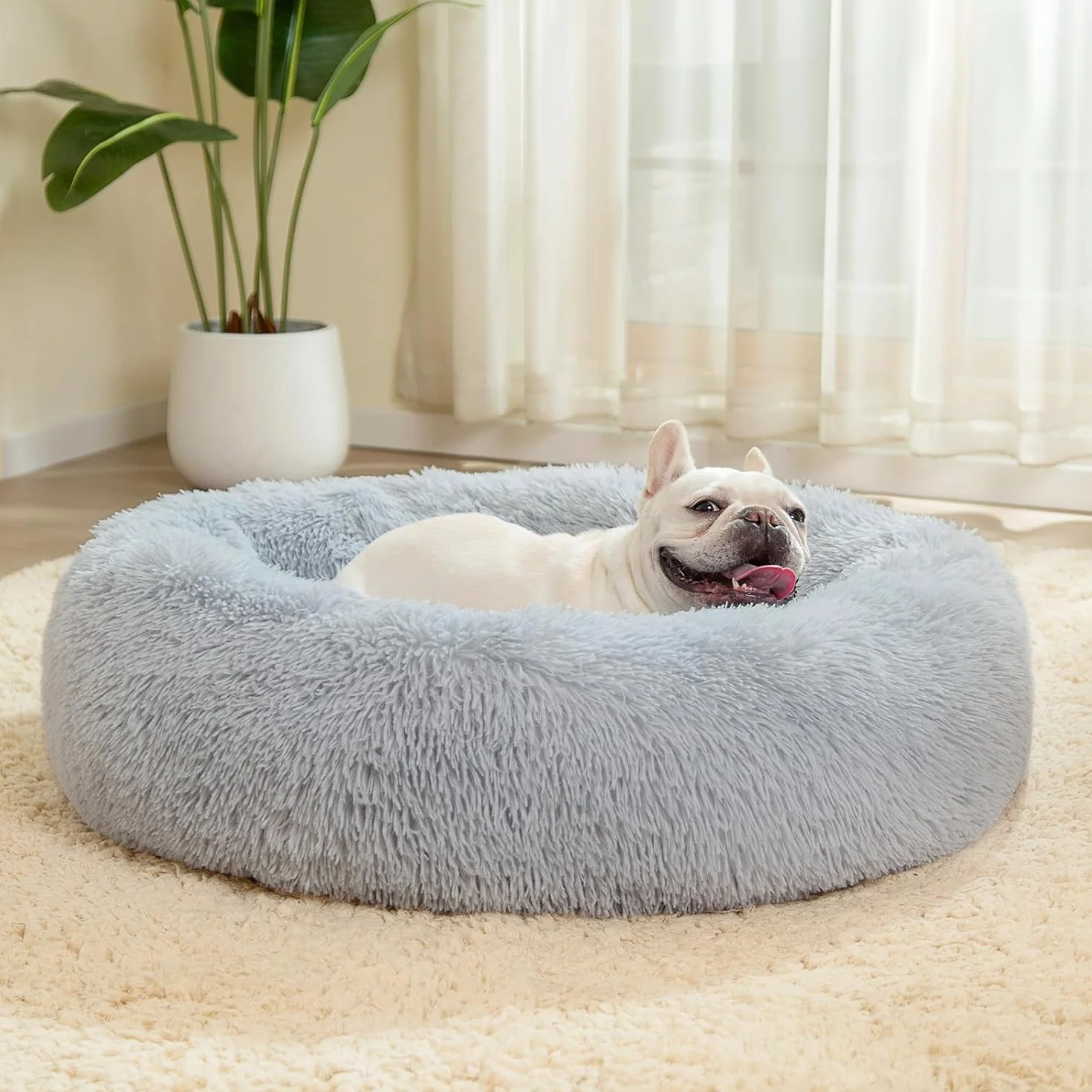 Lit pour chien moelleux rond en forme de donut, lavable avec fond antidérapant, 70 cm, gris