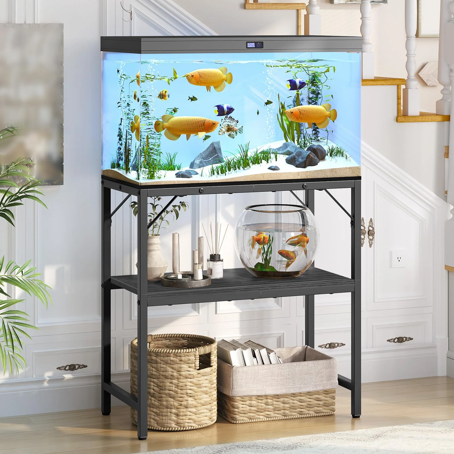 MAHANCRIS Support d'aquarium 20 gallons, 2 étagères, 61 x 30 x 62 cm, Noir