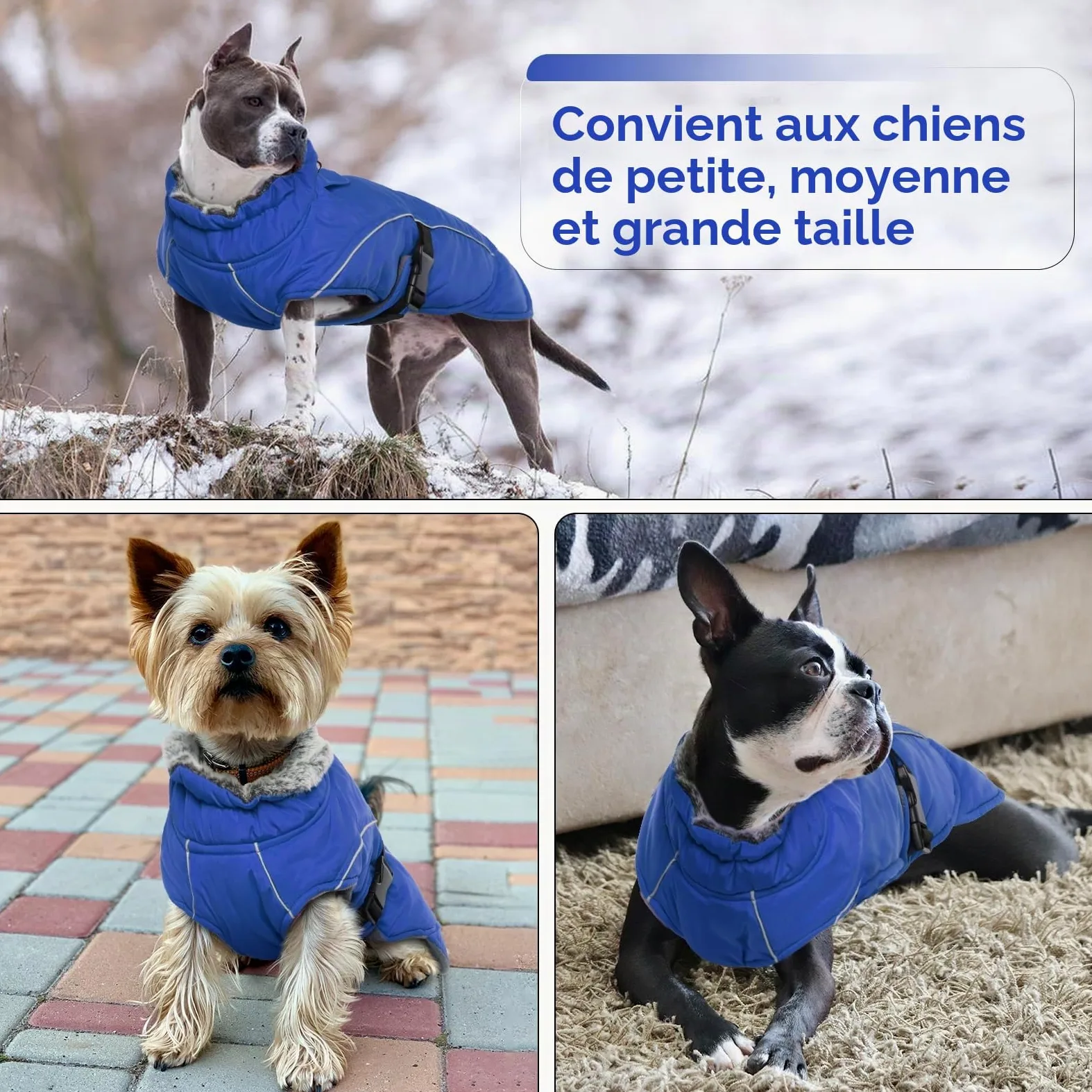 Manteau d'hiver Imperméable pour Chien, Veste Réglable Vêtements Chaud Chiot Gilet Réfléchissant Combinaison de Ski avec Doublure en Polaire pour Petit Moyen Grand Chien(Bleu, XL)