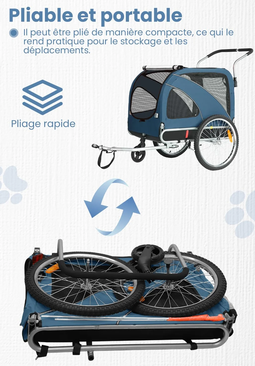 SEPNINE Remorque Vélo Chiens XL, Remorque 2 en 1 Pliable avec Frein de Stationnement, Charge Max 40 kg, Bleu