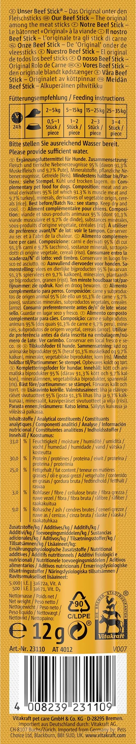 VITAKRAFT Beef Stick Friandise pour Chien Stick De Viande À La Dinde sans Sucres Ajoutés 1X 12G