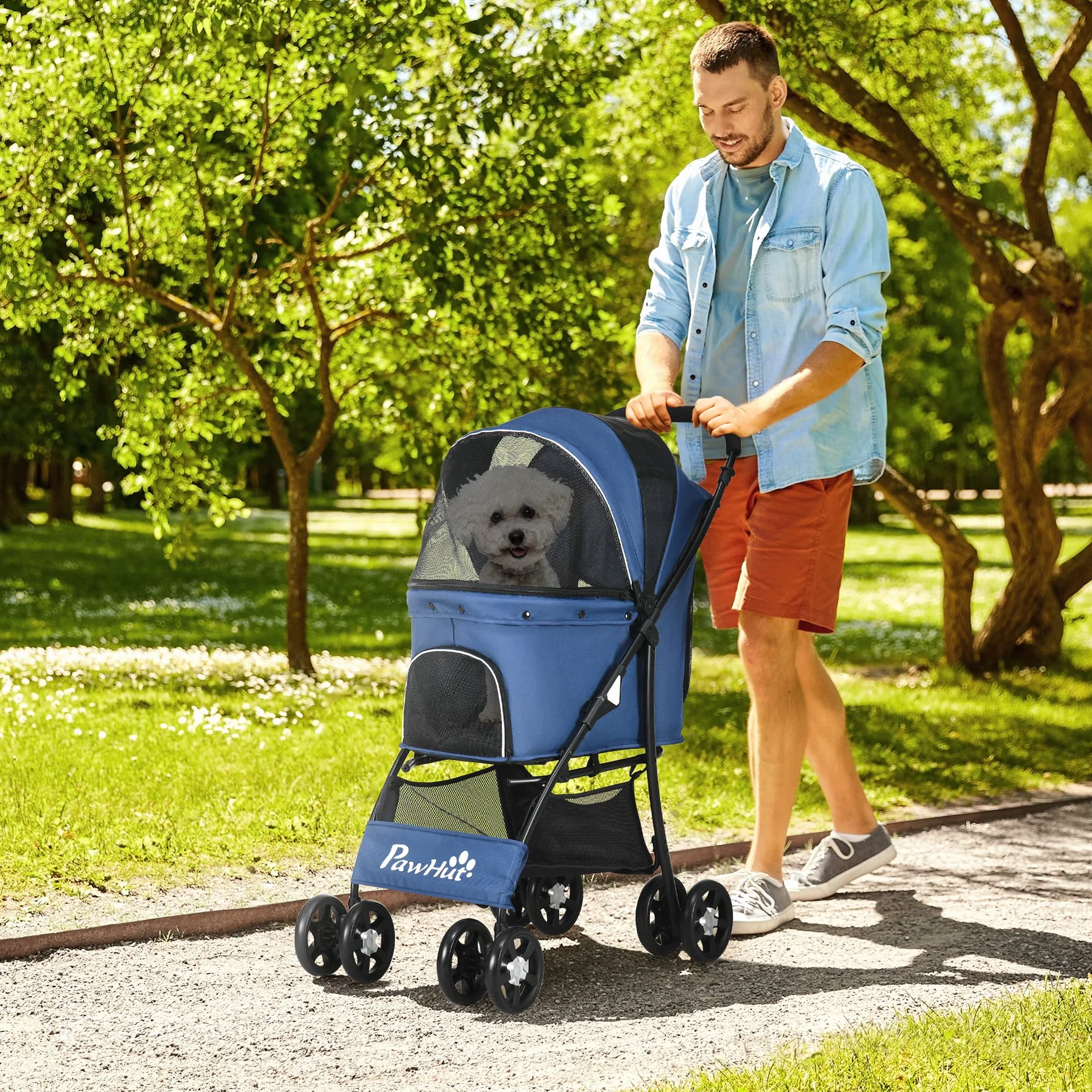 PawHut Poussette Buggy Pliable pour Chien et Chat, Tissu 600D Oxford, 4 Roues, Bleu