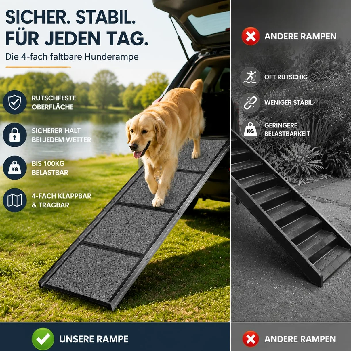 Rampe de voiture pliable pour chien - 170 x 44 cm - Extra large - Pour grands chiens jusqu'à 110 kg - Rampe de coffre de voiture antidérapante - Pour SUV, camion et lit mezzanine - Noir