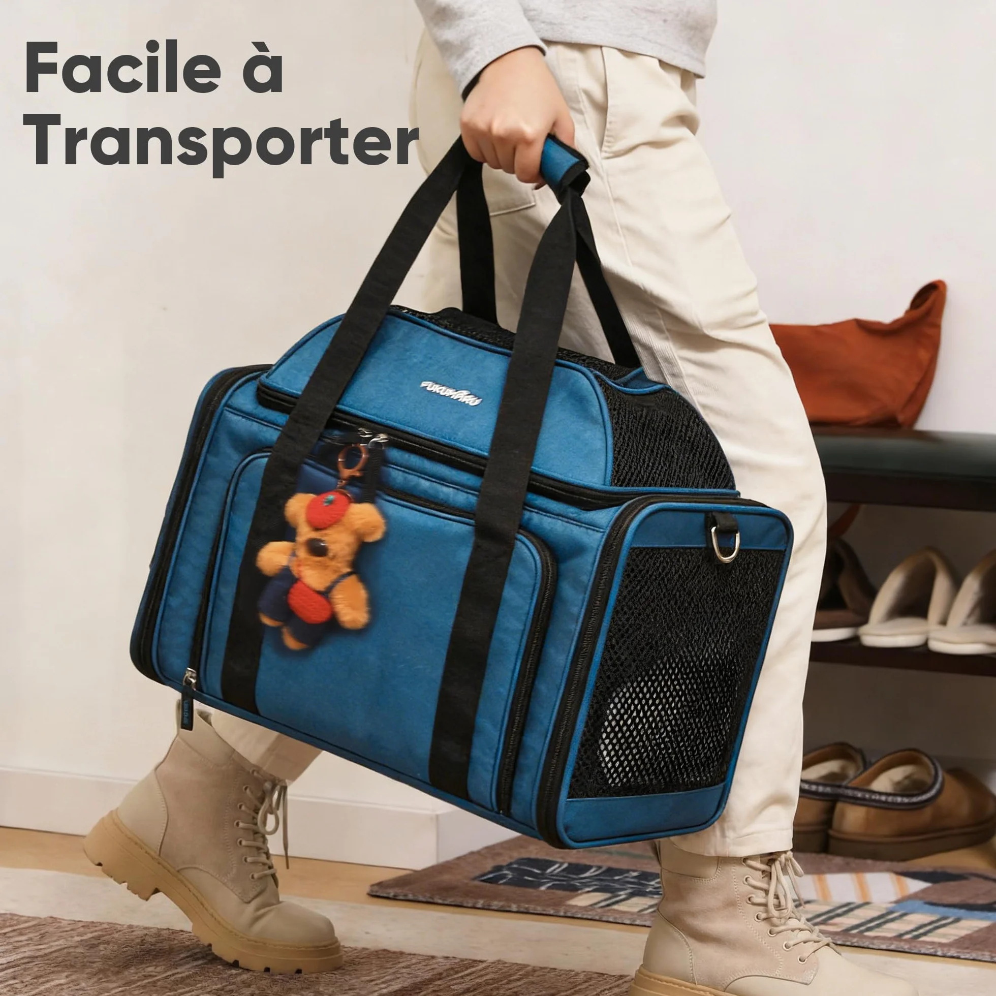 FUKUMARU Sac de Transport pour Chat, Cage de Voyage Souple et Extensible, Approuvée en Cabine, Bleu