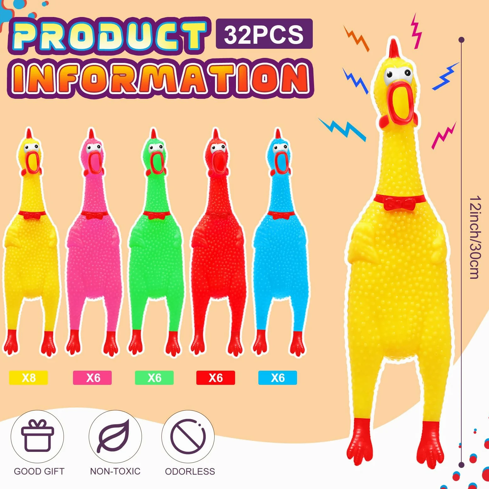 Lot de 32 poules en caoutchouc pour chien, 30,5 cm, jouet fantaisie couineur pour adultes, adolescents, chiens, animaux domestiques, réduit la séparation, le stress, l'anxiété (multicolore)
