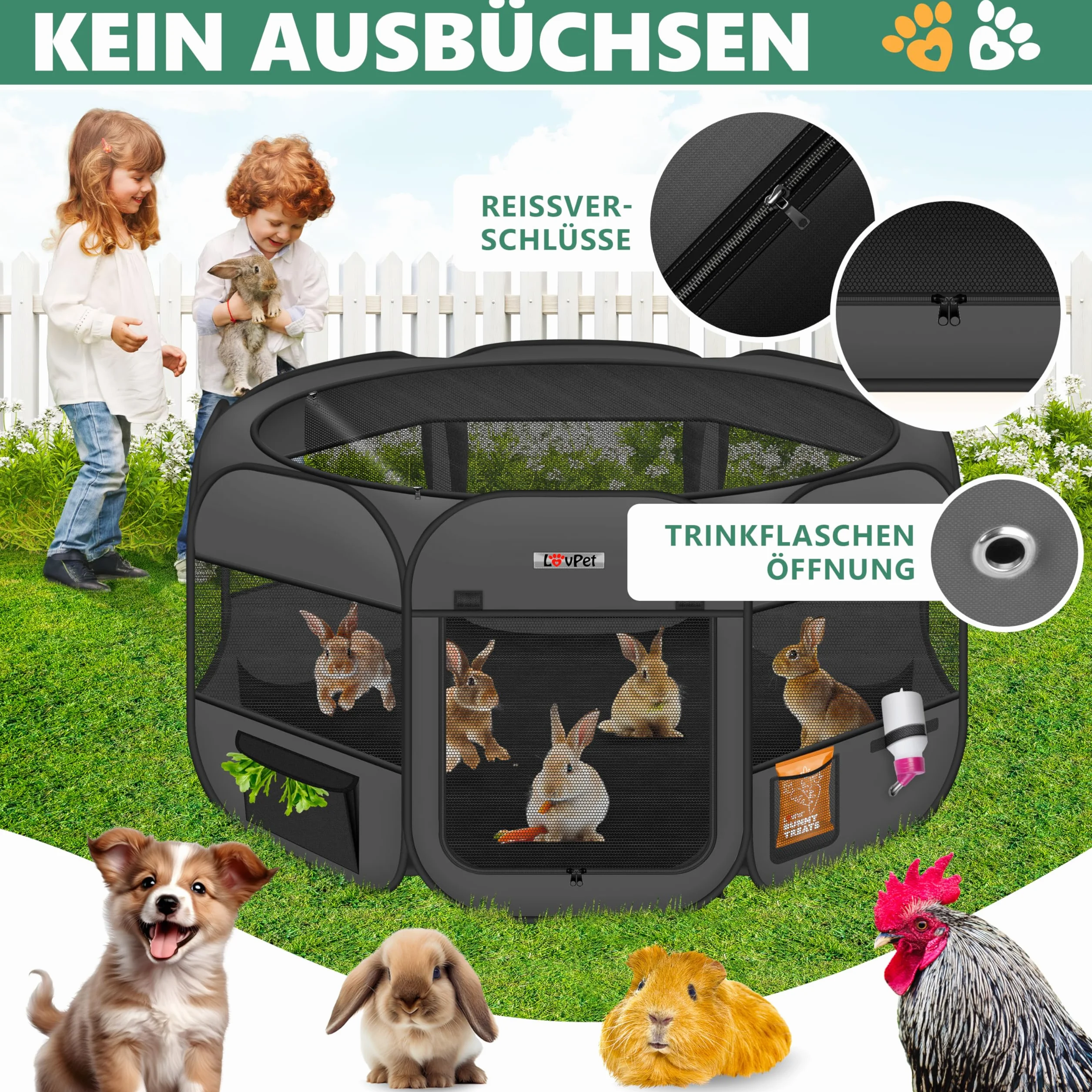 LOVPET Parc pour Chiots Pliable Tissu Oxford pour Petits Animaux Chiens Chats avec Gamelle Anthracite/Noir