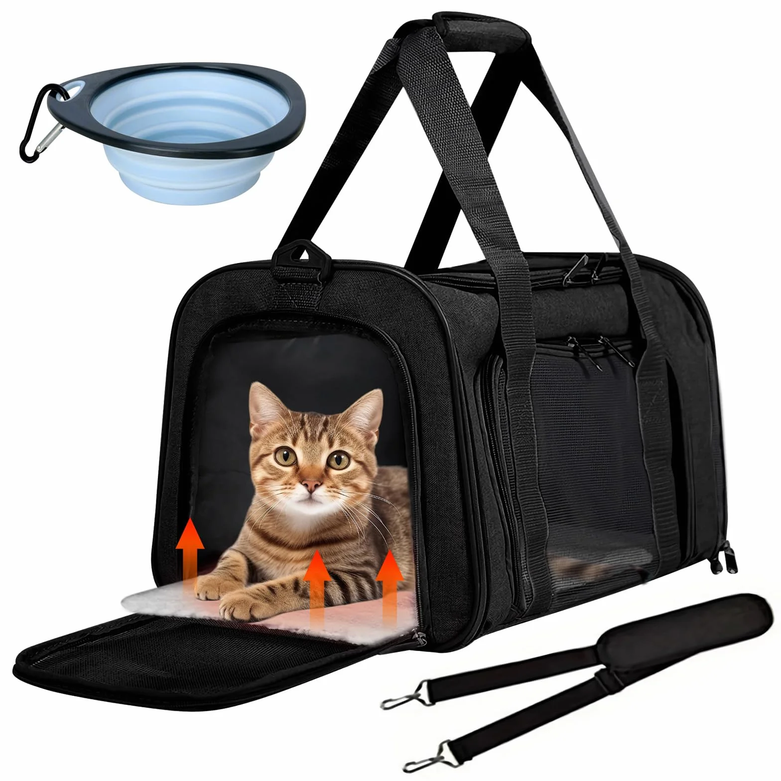 Sac de Transport Pliable pour Chat et Petit Chien, Caisse avec Gamelle, 43 x 28 x 28 cm