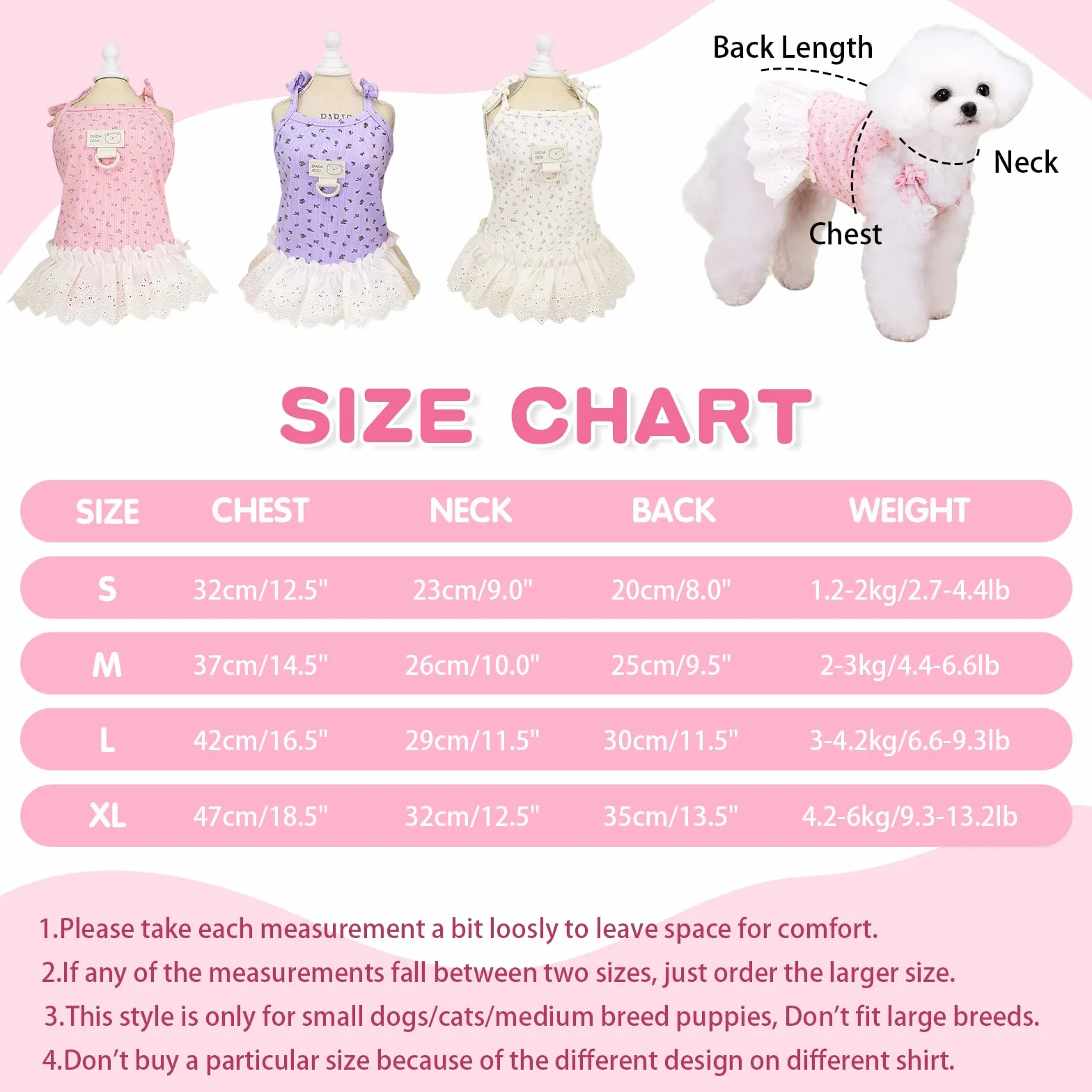 Robe d'été pour chien et chat petite et moyenne taille sans manches avec anneau en D rose XL (4,2 à 6 kg)