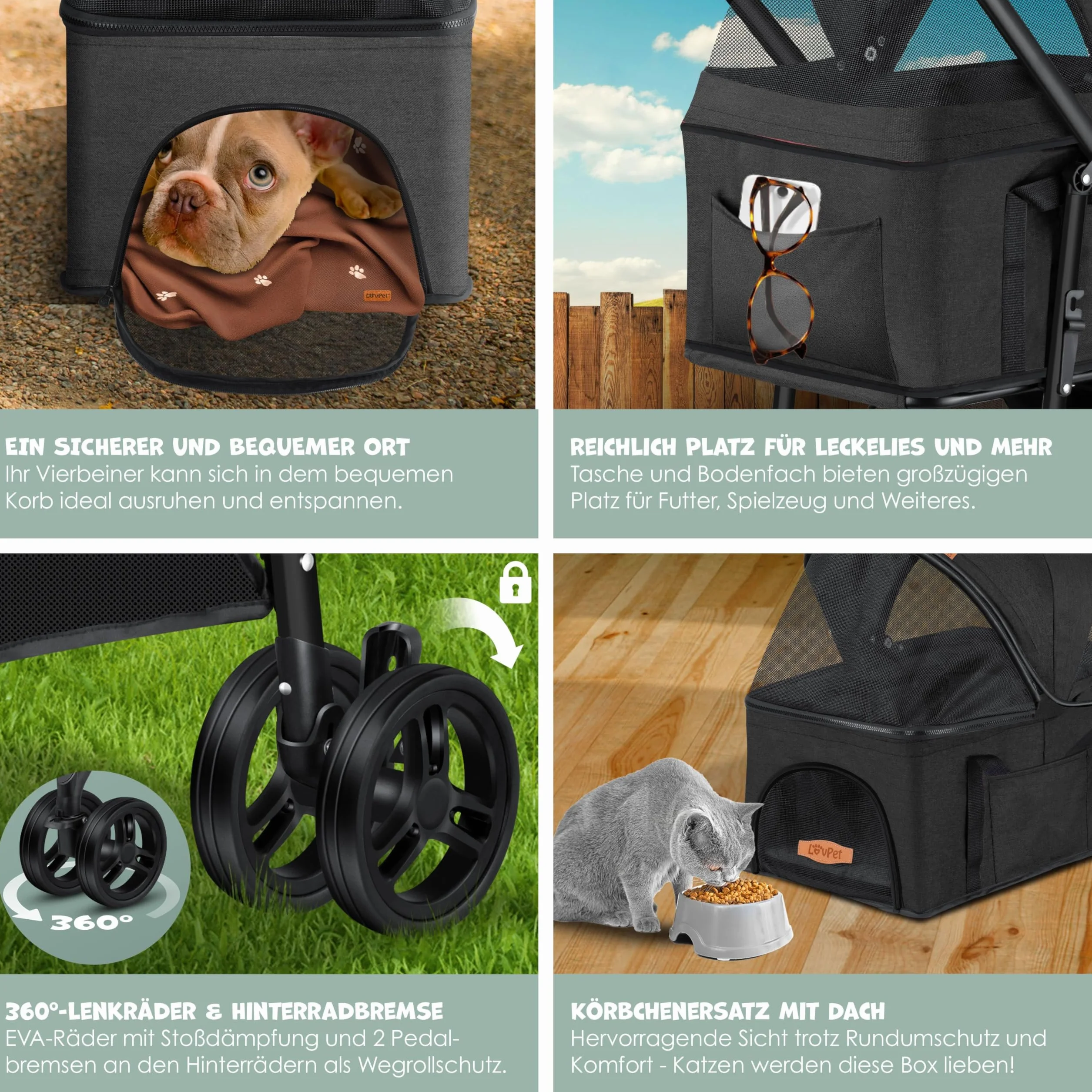 Lovpet Poussette 2 en 1 pour chien pliable jusqu'à 20 kg Anthracite