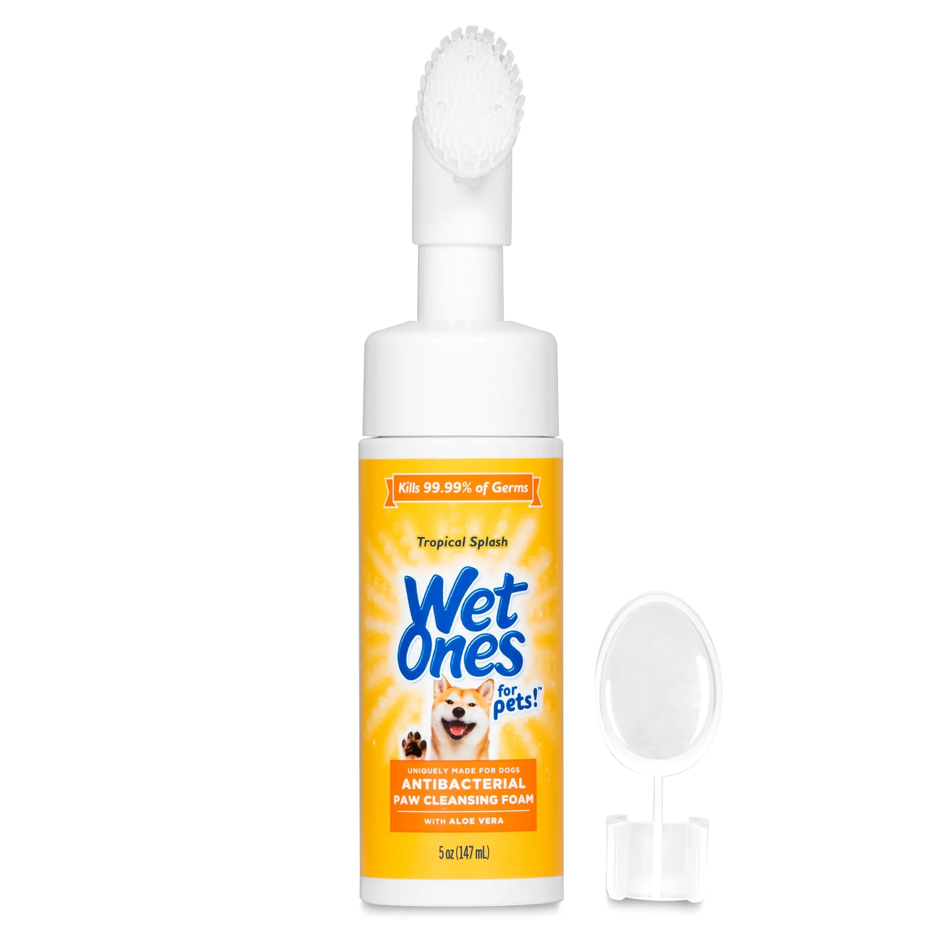 Wet Ones for Pets Lot de 6 nettoyeurs antibactériens pour pattes de chien avec brosse à récurer intégrée, parfum éclaboussures tropicales, nettoyant moussant pour pattes de chien, nettoyeur de pattes