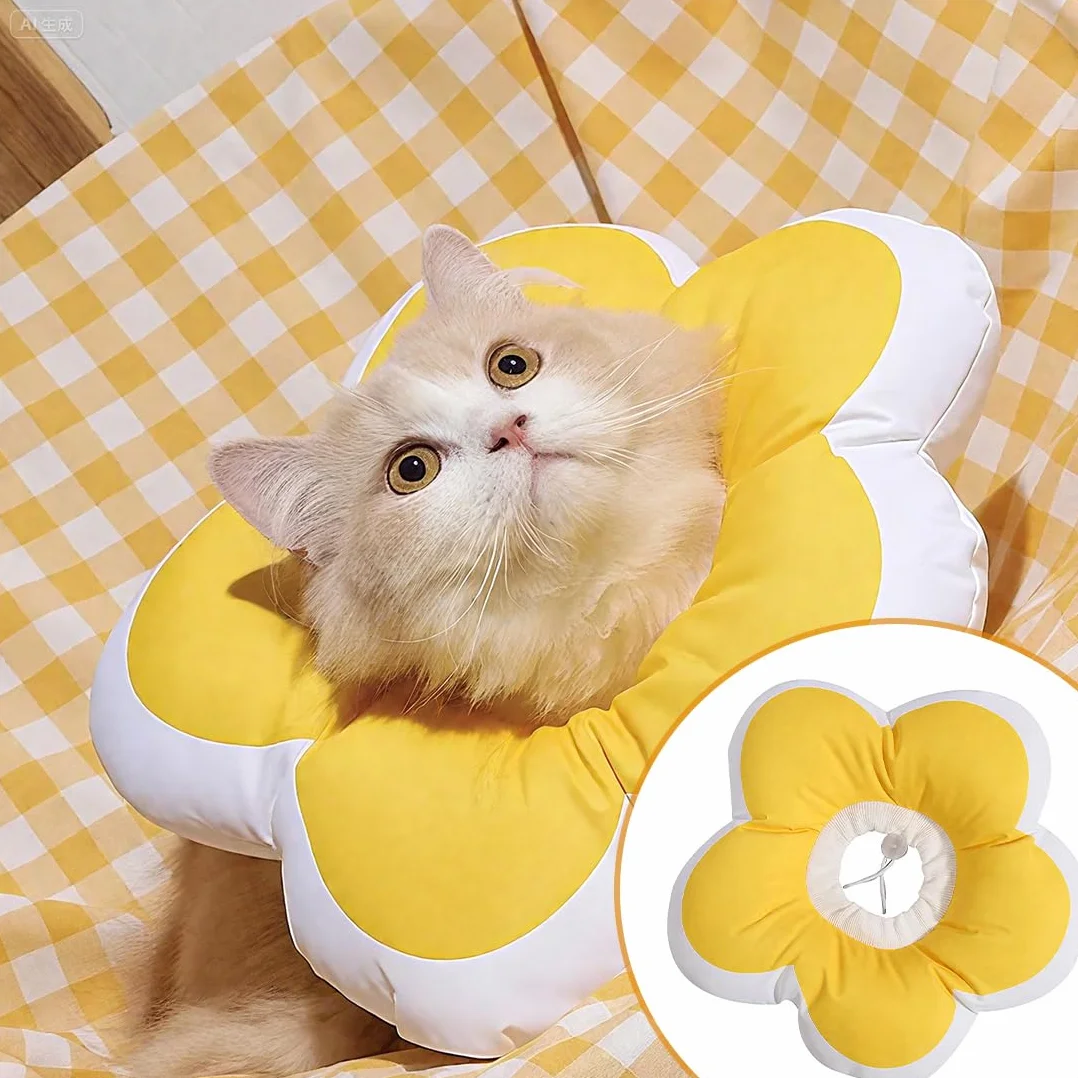 Collier élisabéthain pour chat coton suède respirant micro imperméable anti-taches fleur protection (S)
