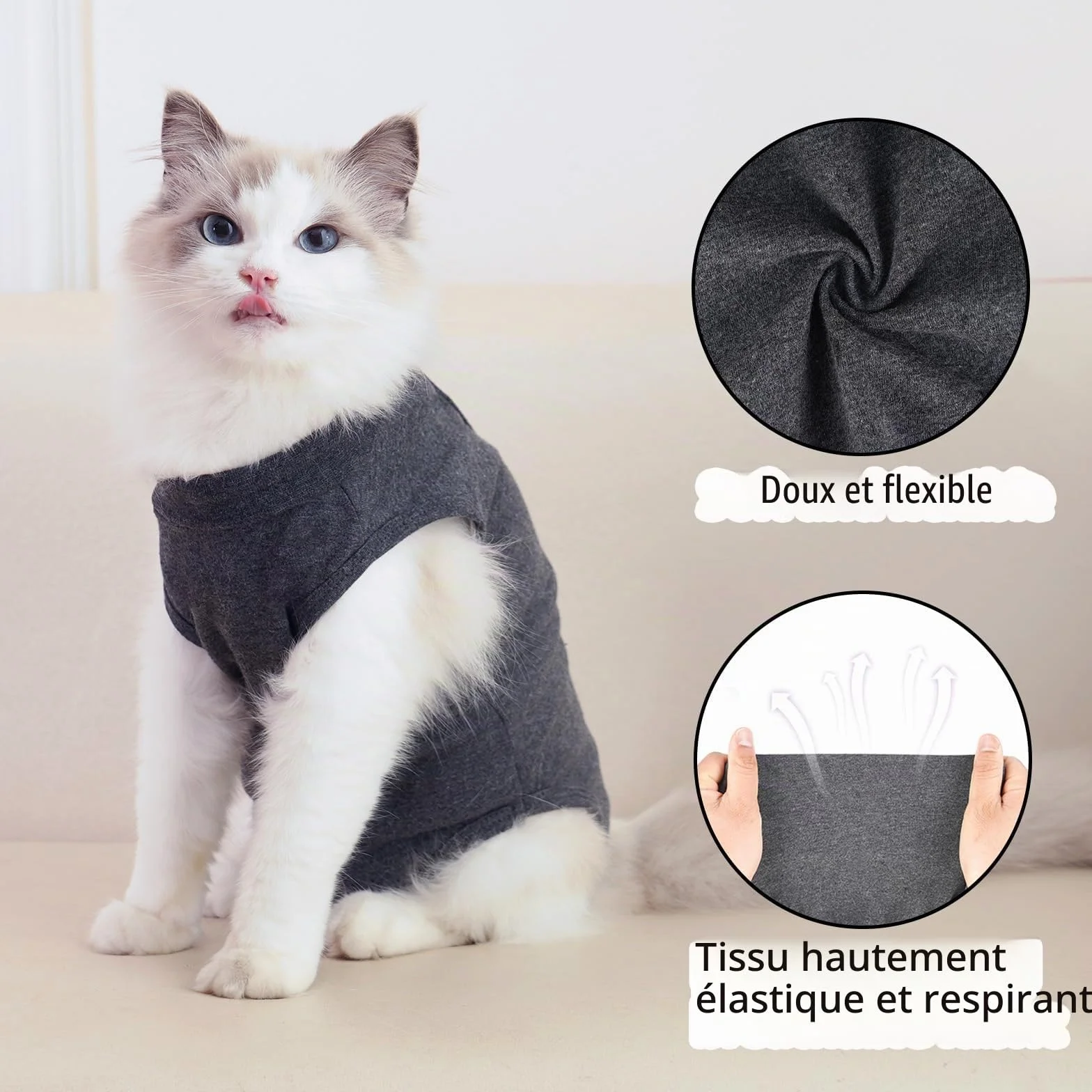 Combinaison de convalescence pour chat en coton gris taille S M L alternative au collier et cône de récupération post-chirurgicale