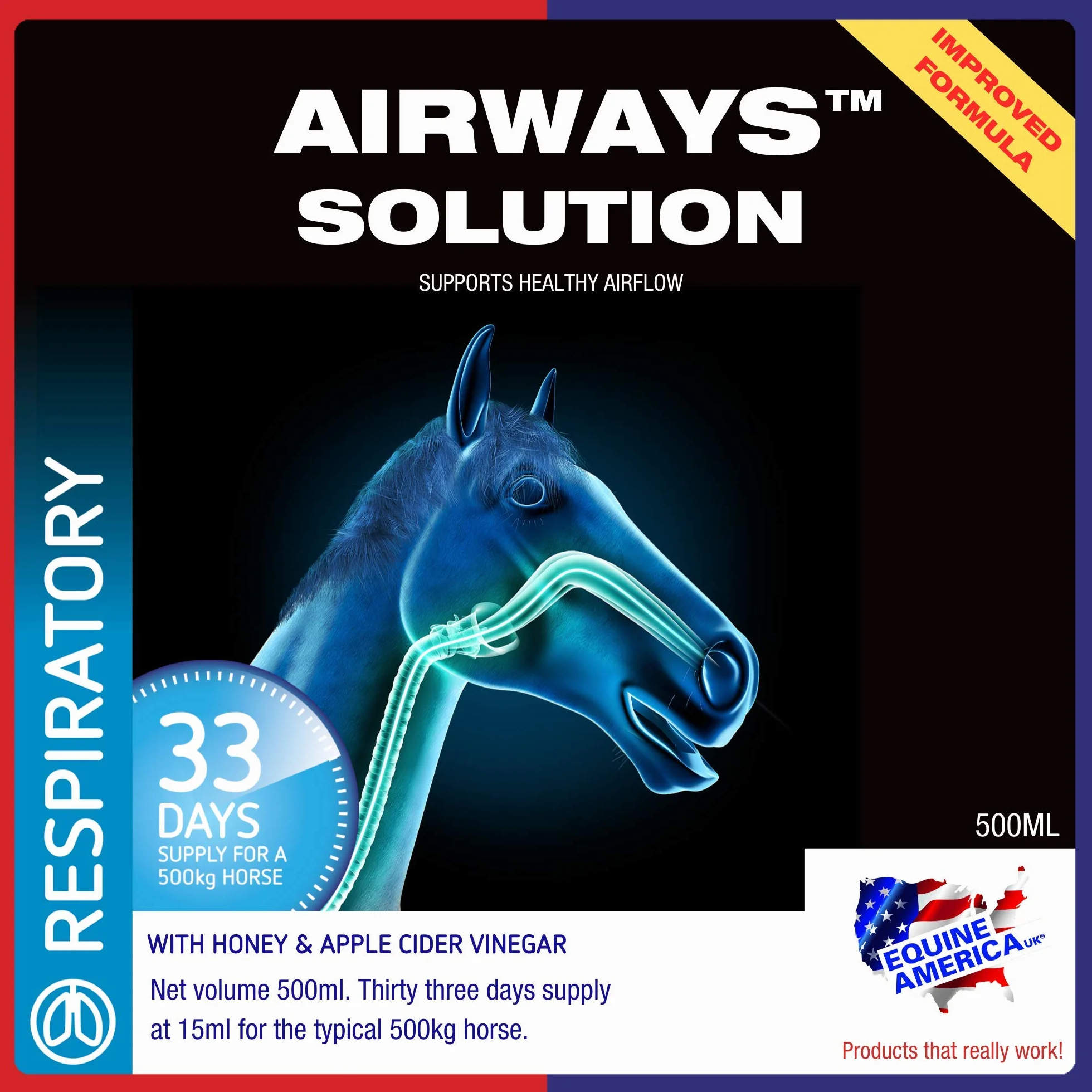 Equine America Complément Alimentaire pour Cheval Solution Airways 500 ML