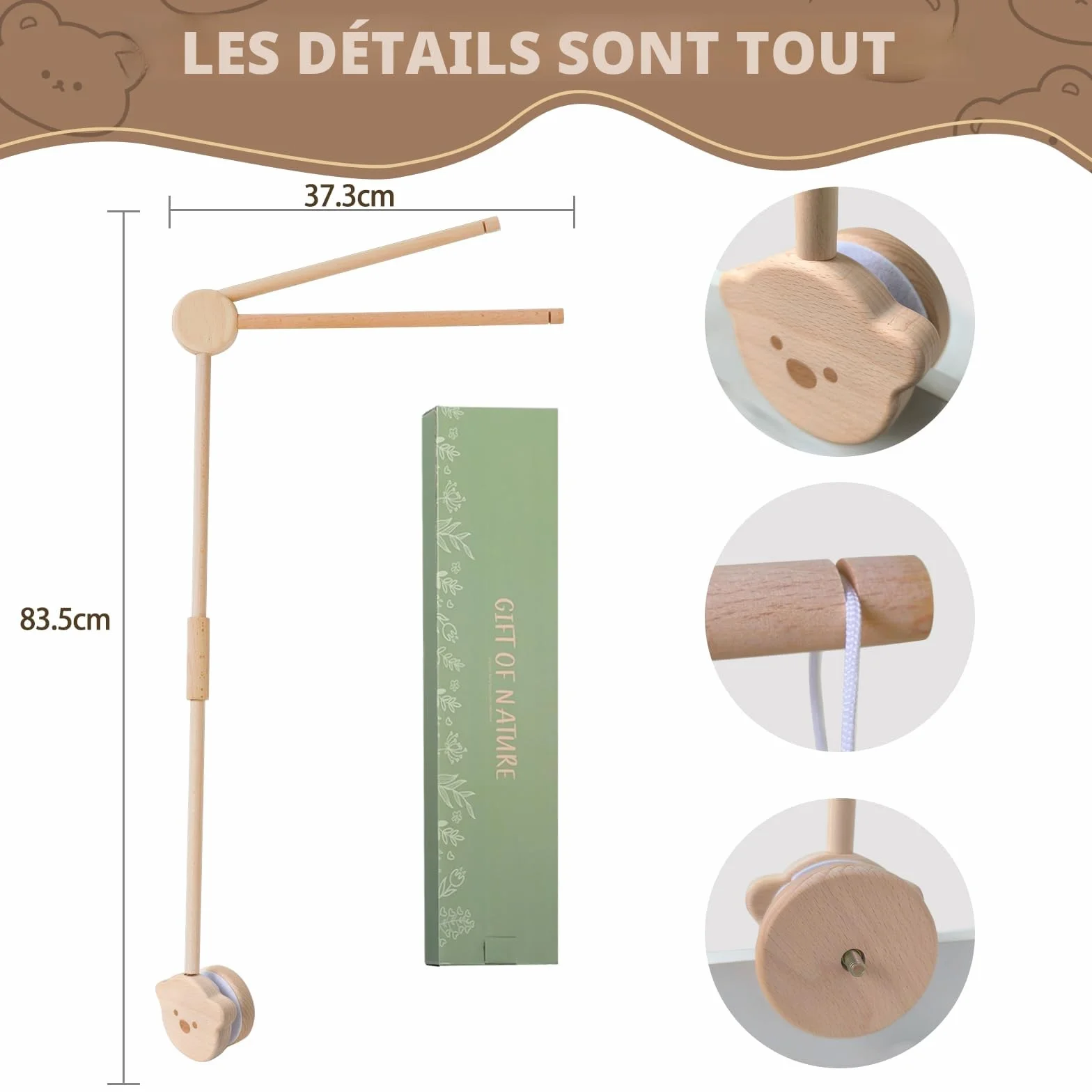 Support Mobile Bébé Bois, Bras Mobile Rotatif, Base Ours, Lit Enfant Table à Langer