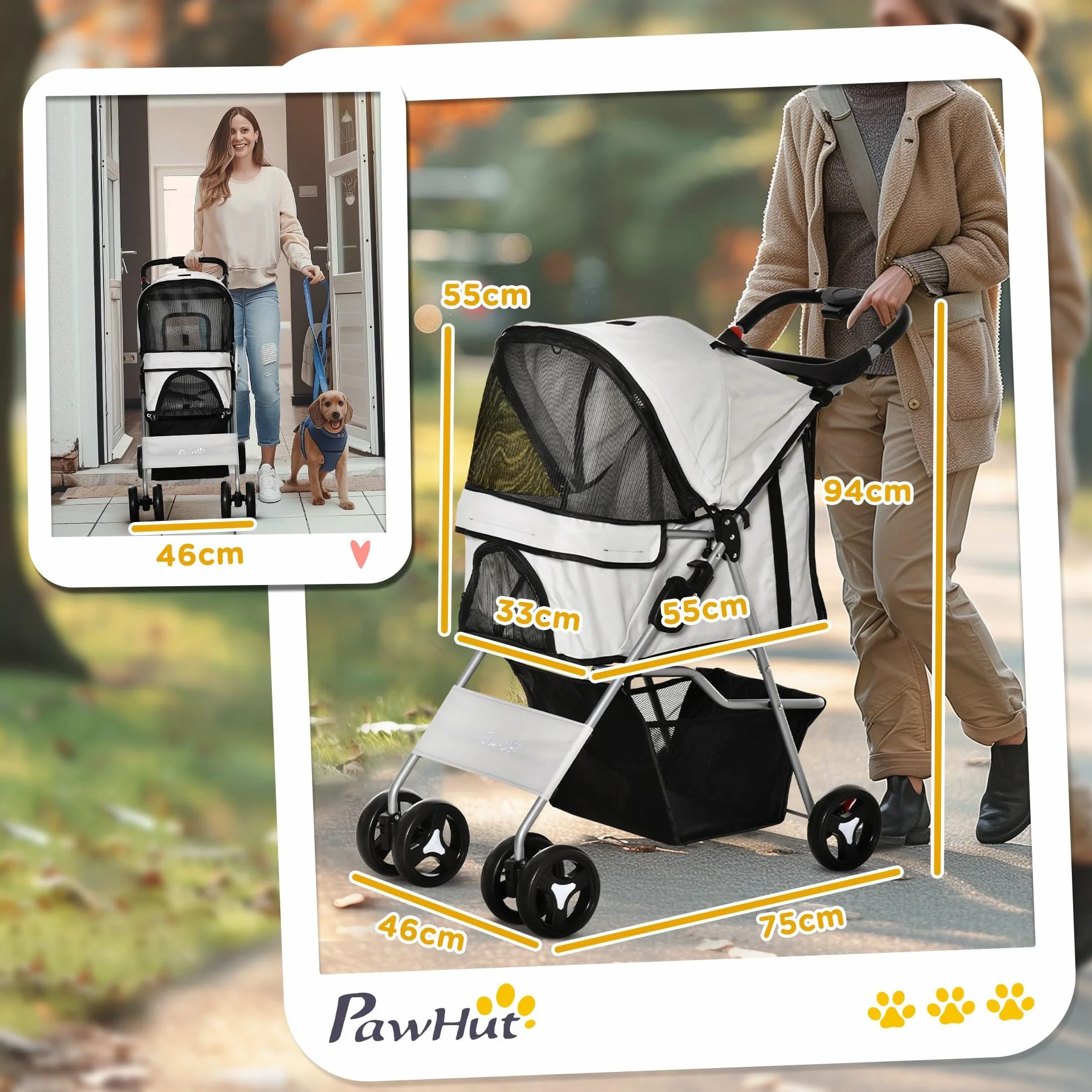 PawHut Poussette buggy pour chiens 77x45x99.5 cm pliable imperméable Oxford 600D gris