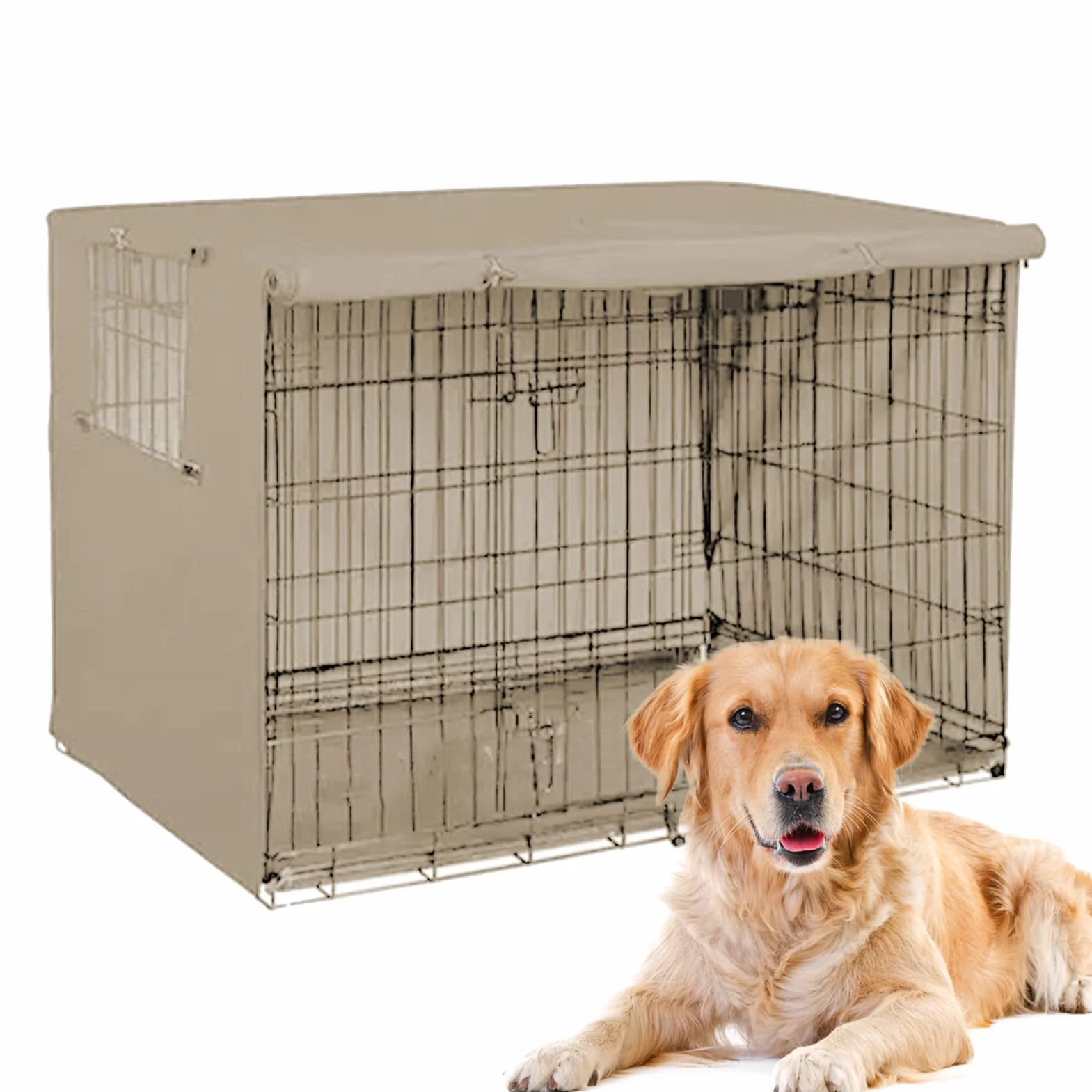 Housse Protection Cage Chien Imperméable Coupe-Vent Double Porte Noir Beige