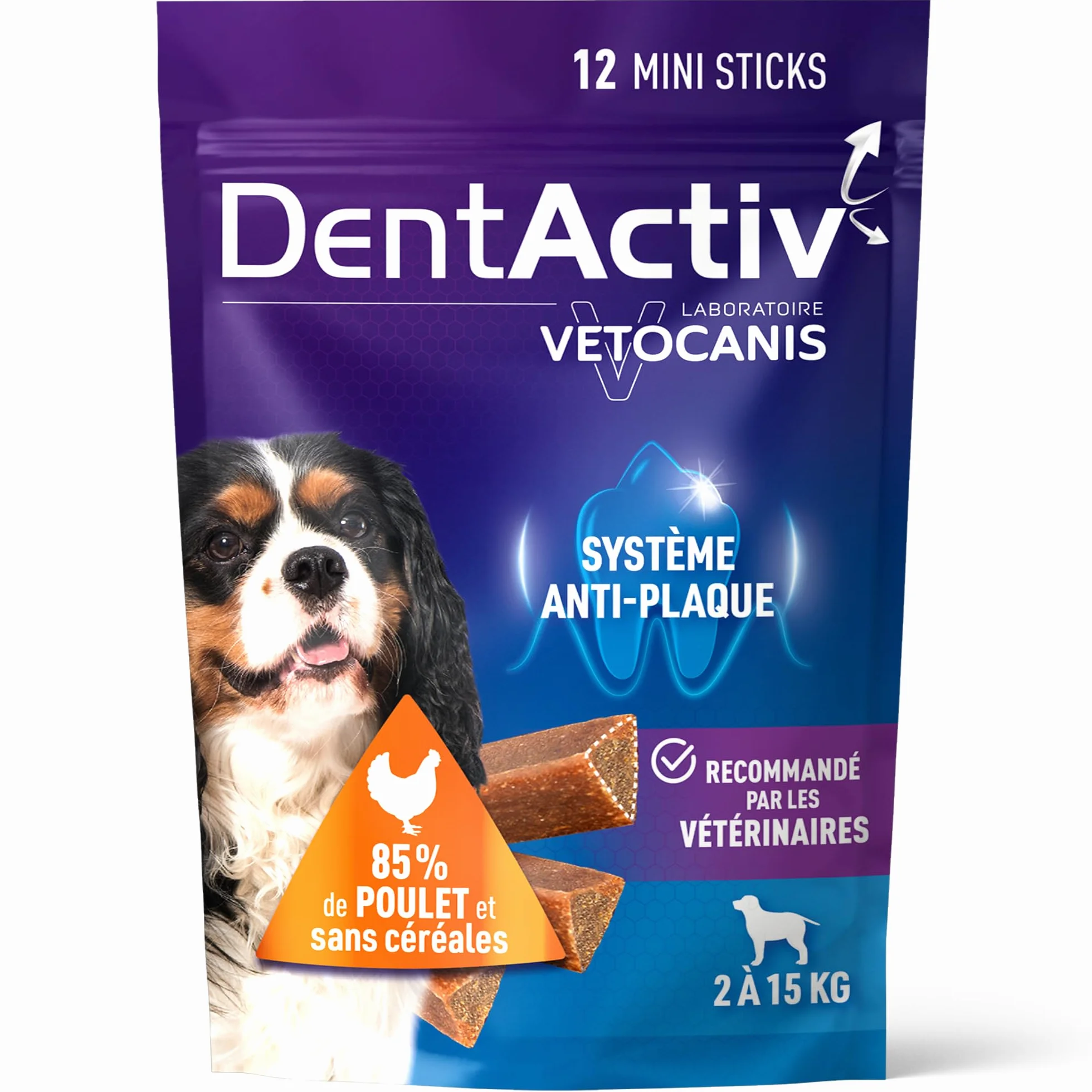 Vetocanis Dentactiv Stick Dentaire Friandises pour Chien 85% Poulet Hygiène Santé 2-15kg