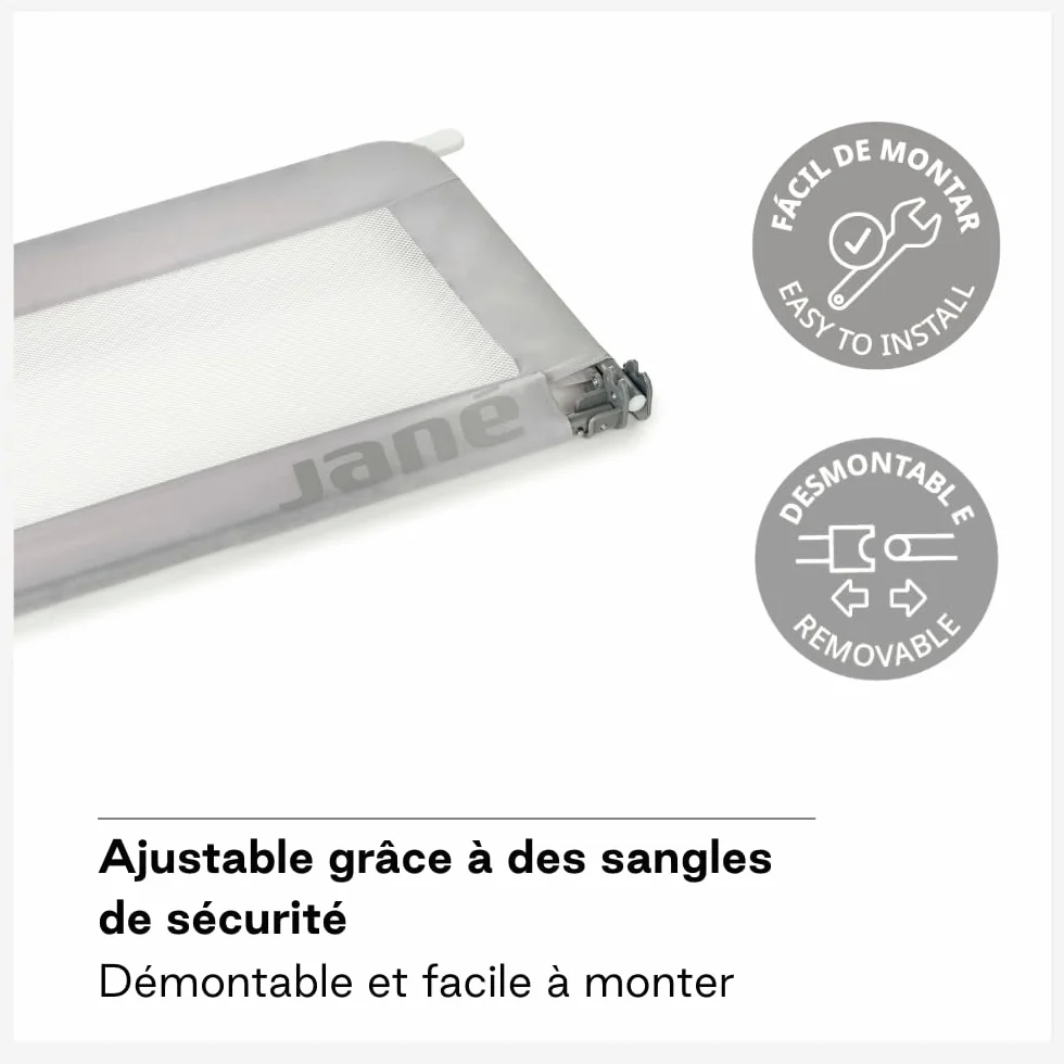 Jané Barrière de Lit Rabattable 140 cm, Extra Haute, Maille Respirante, Sac de Transport Inclus, Gris