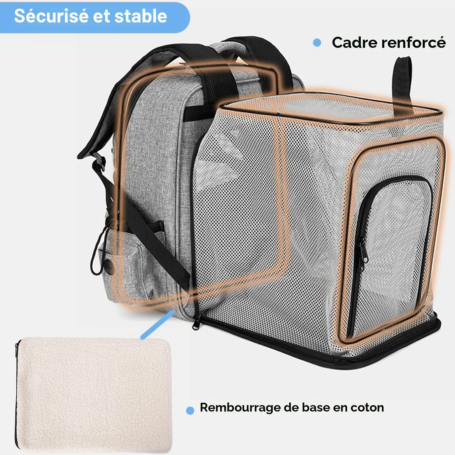 Sac à Dos Extensible pour cha,Sac a Dos Chat Respirant, avec Matelas en Peluche Amovible,pour Animaux de Compagnie jusqu'à 15 kg,Portable Sac Chat Transport pour Voyage, Achats,Gris