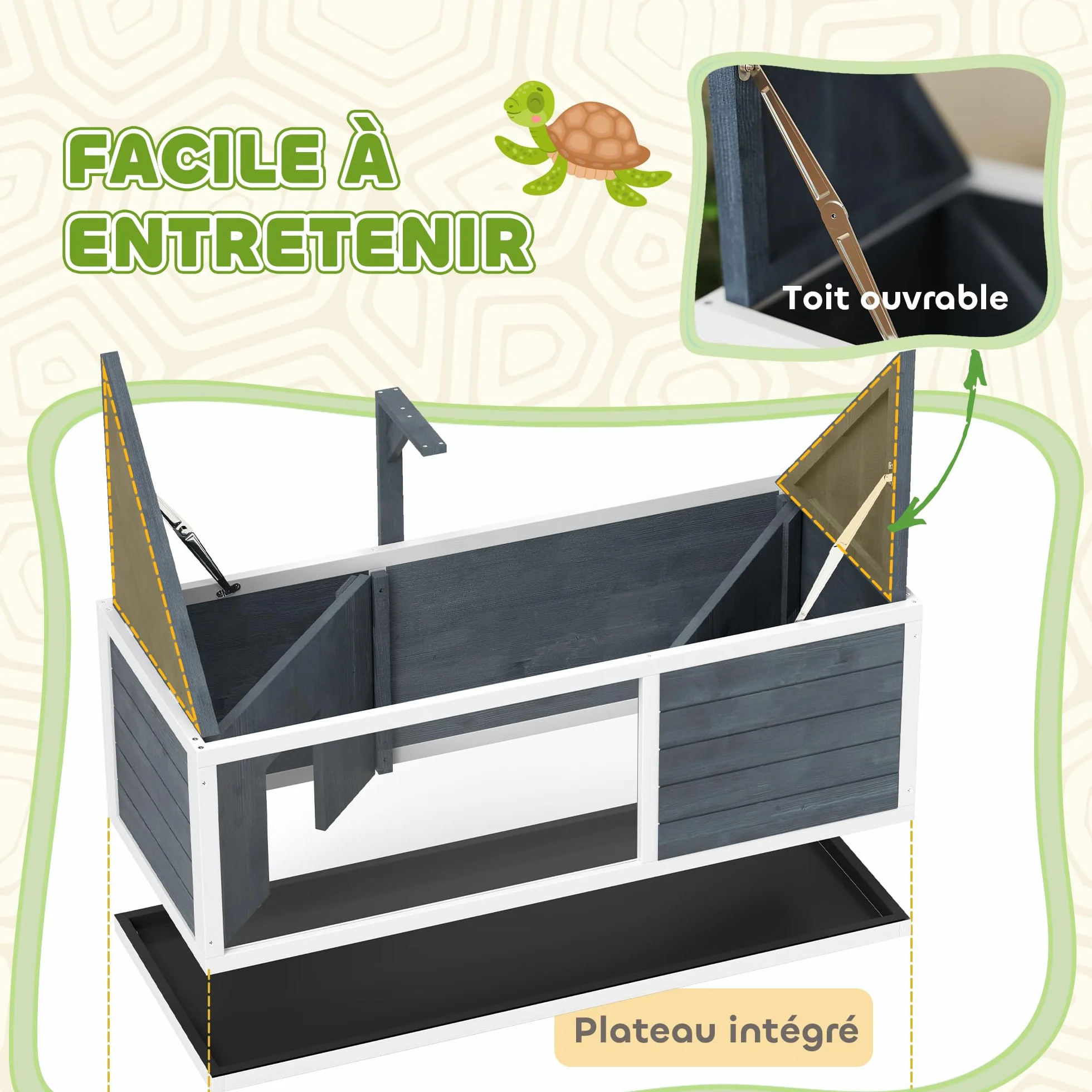 PawHut Maison pour Tortues XL 120 cm Terrarium Tortue terrestre en Bois 2 niches Toit ouvrant Aire de Jeu Ouverte enclos Support Lampe fenêtre panoramique Gris