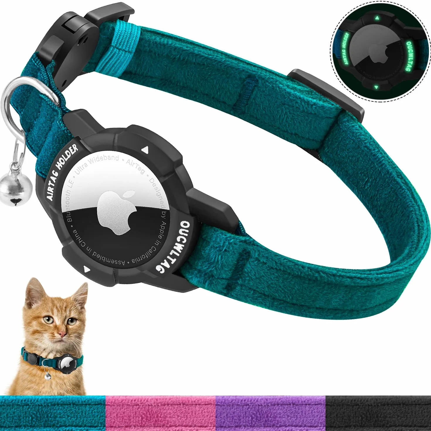 Collier Chat Airtag Luminescent Apple Support avec Boucle Sécurité Anti-étouffement Sangle Élastique Bleu 23-33cm