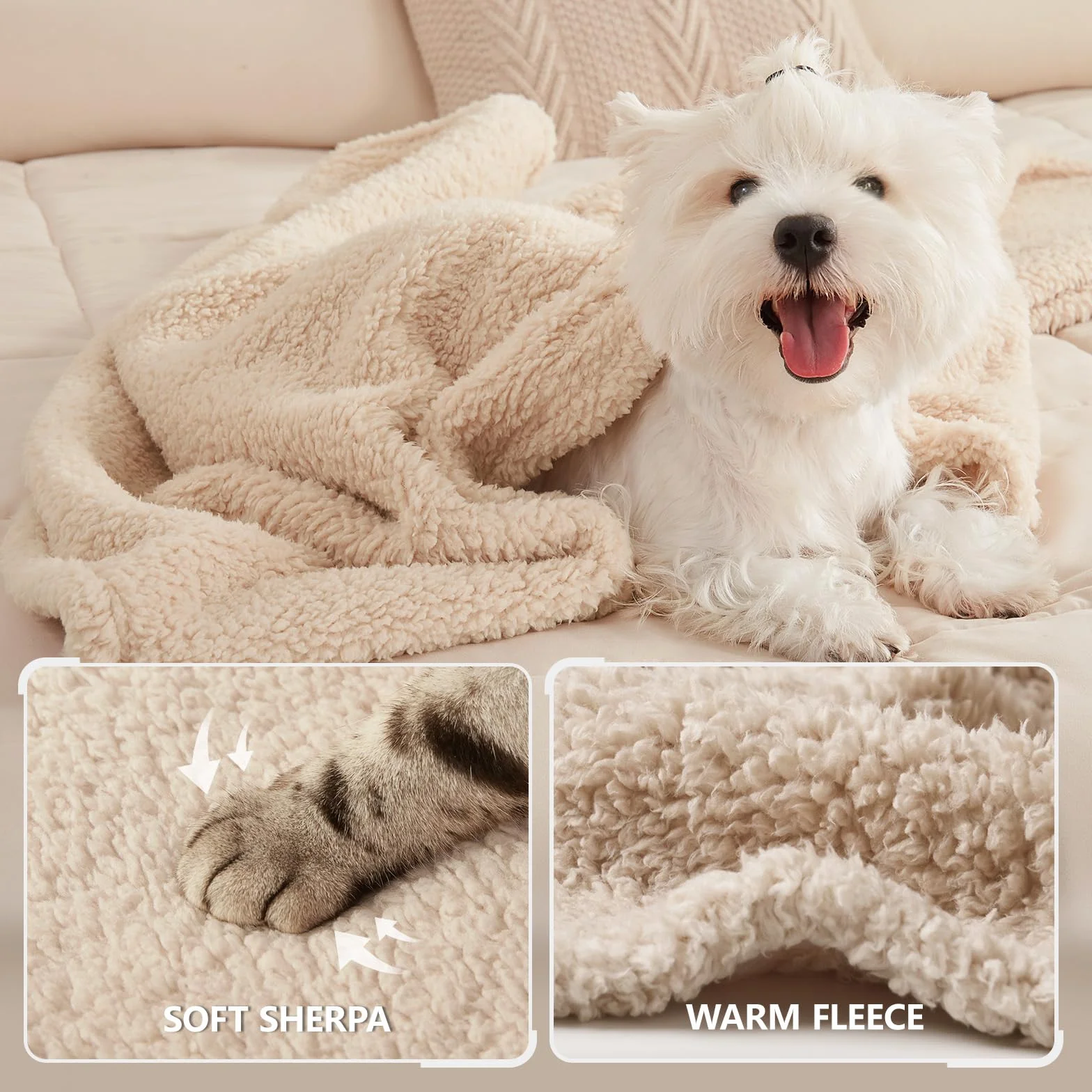 Luciphia 3 Pièces Couverture en Peluche Tapis Lit pour Chiens Chat Lapins Beige L 76 x 104 cm