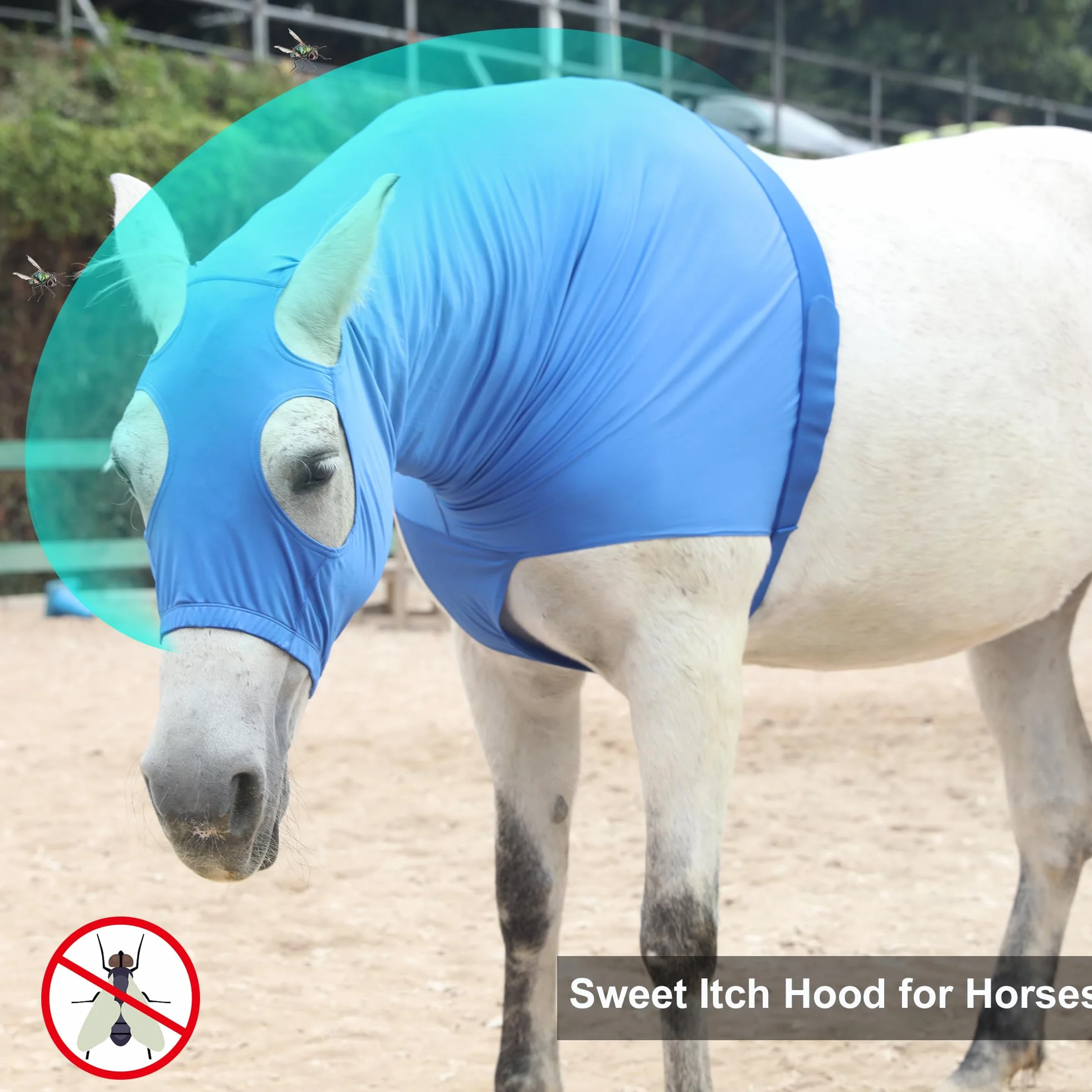 Mane Braid Capuche extensible pour cheval XXL Bleu bouclier anti-mouches fermeture éclair protection visage cou