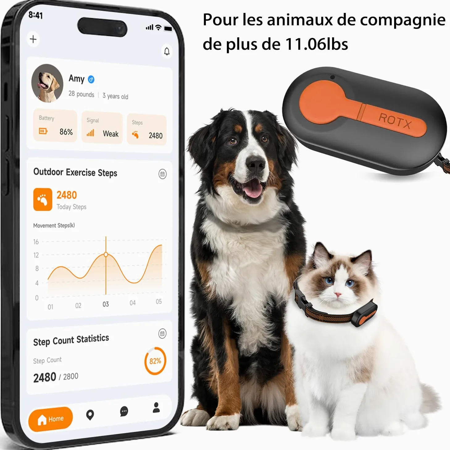 ROTX Dog GPS Tracker alertes Tracker en Temps réel Emplacement virtuel de la barrière pour Animal de Compagnie de Plus de 11.06lbs Chien Chat Collier aléatoire abonnement requis étanche IP67 Noir