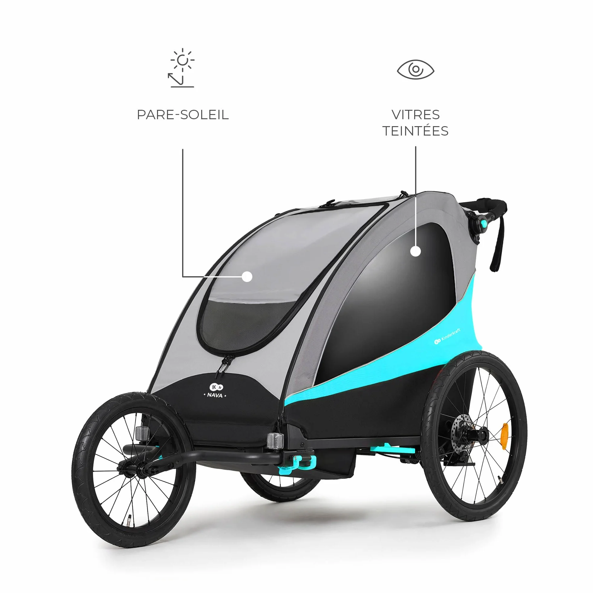Kinderkraft NAVA 3-en-1 Remorque pour enfants Poussette Jogger Landau Remorque à vélo 2x22kg Protection pluie insectes Bleu