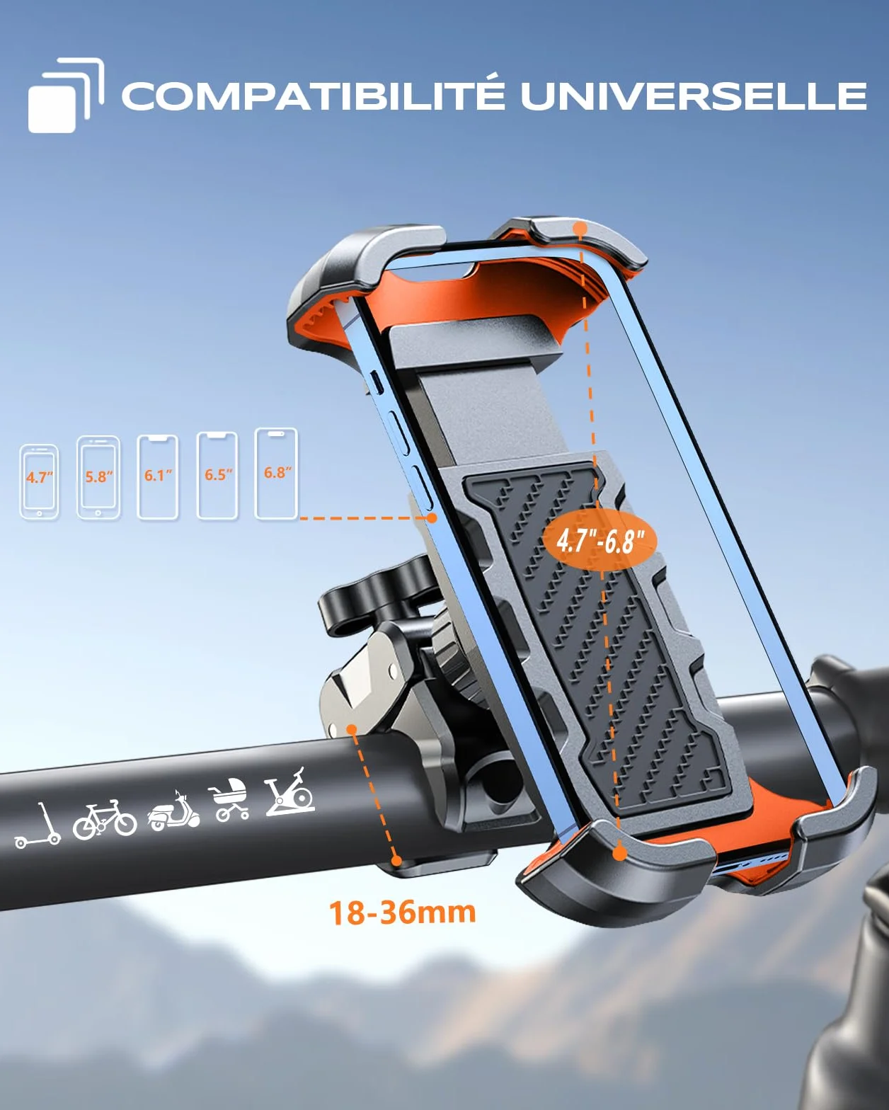 CIRYCASE Support Téléphone Moto Anti-Vibration 360° Rotation Pince Robuste 4.7-6.8"