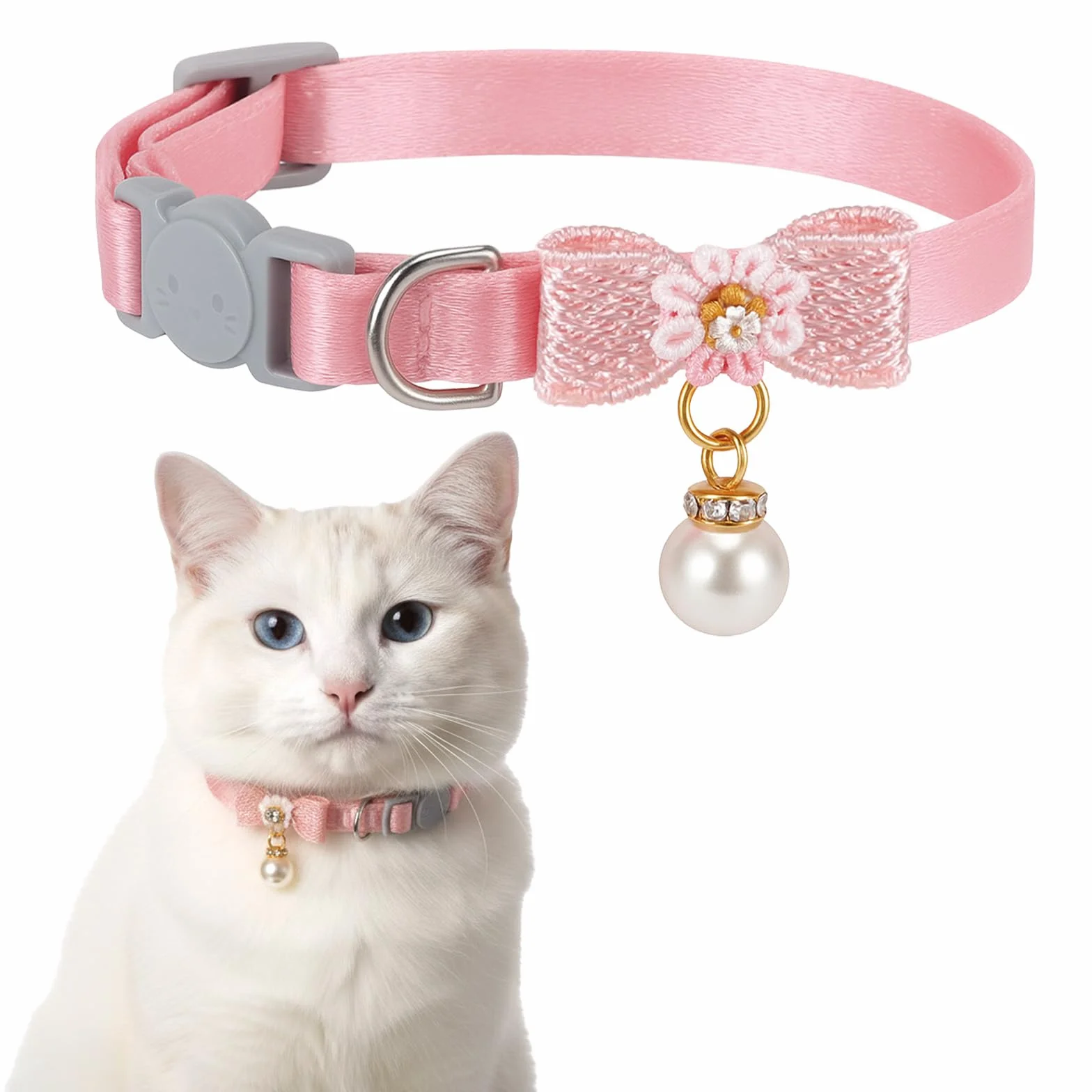 Collier pour chat réglable rose avec pendentif perle, boucle sécurité nœud papillon