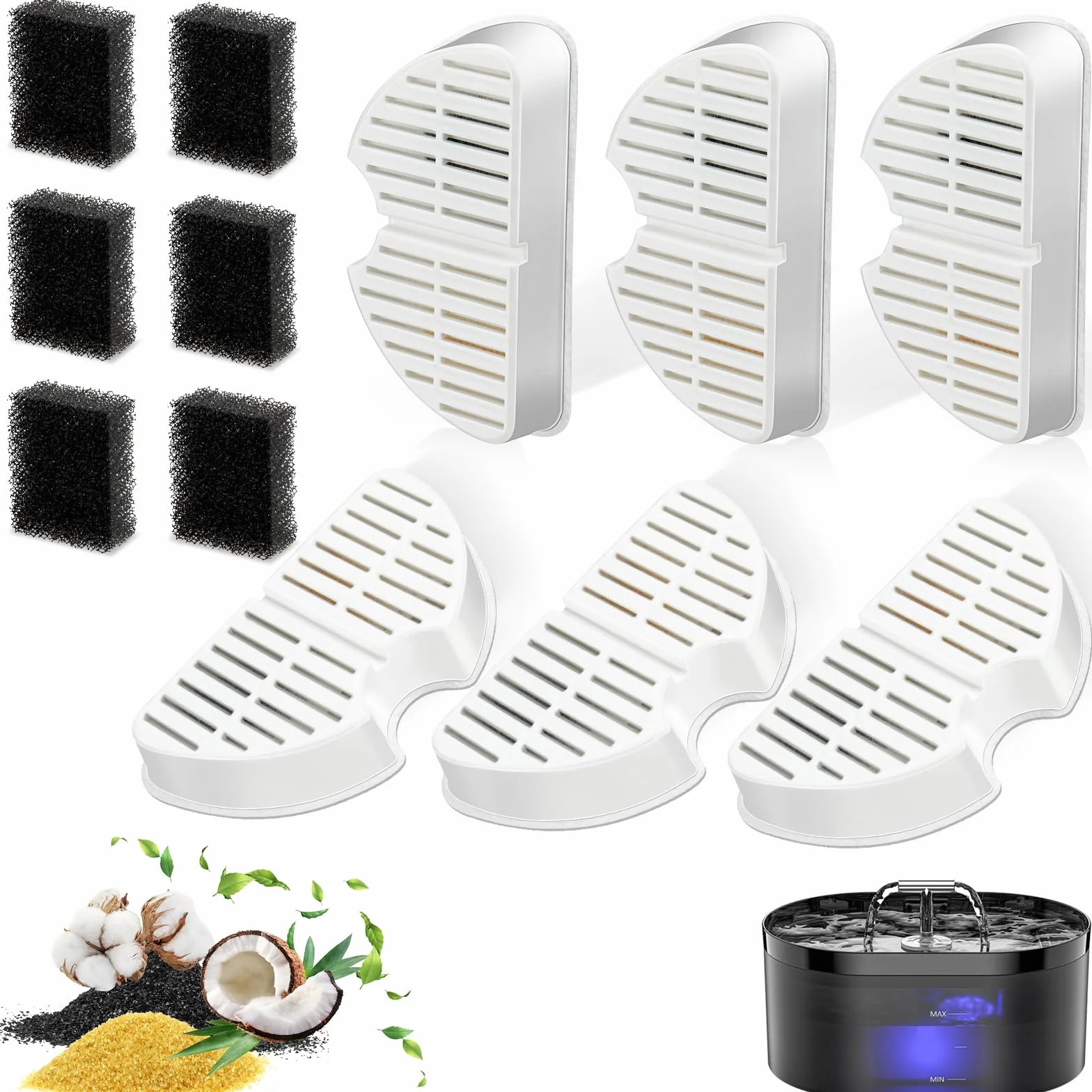Lot de 6 filtres pour fontaine à chat + 6 filtres en mousse, triple filtration