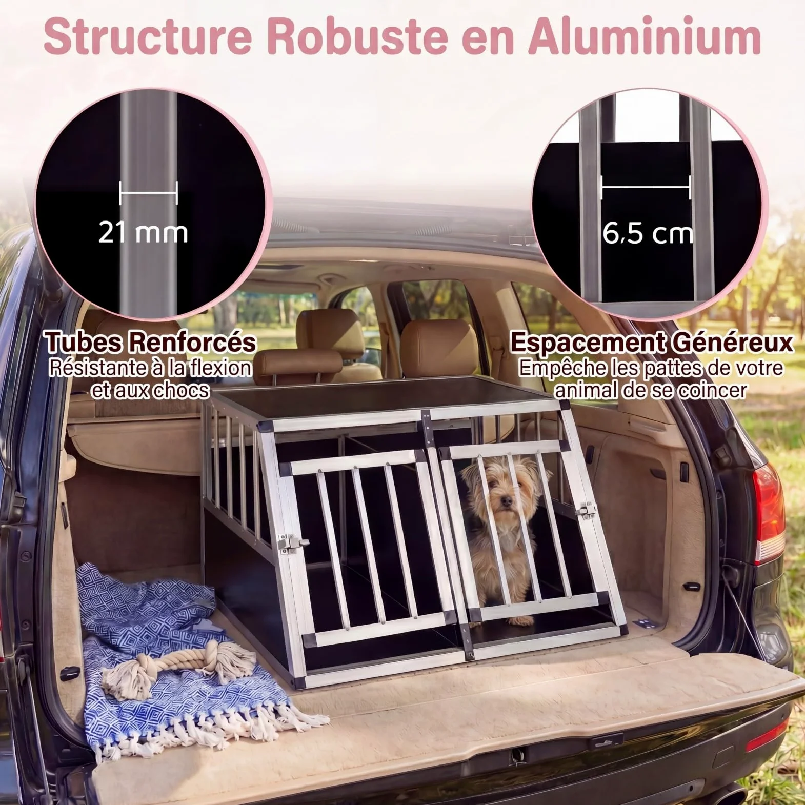 GYMAX Cage pour Chien avec Double Chambre, Séparateur Amovible, Porte Verrouillable, Niche avec Cadre Métallique, Caisse de Transport Voiture Trapézoïdale pour Petits Chiots, 80 x 65 x 48 cm