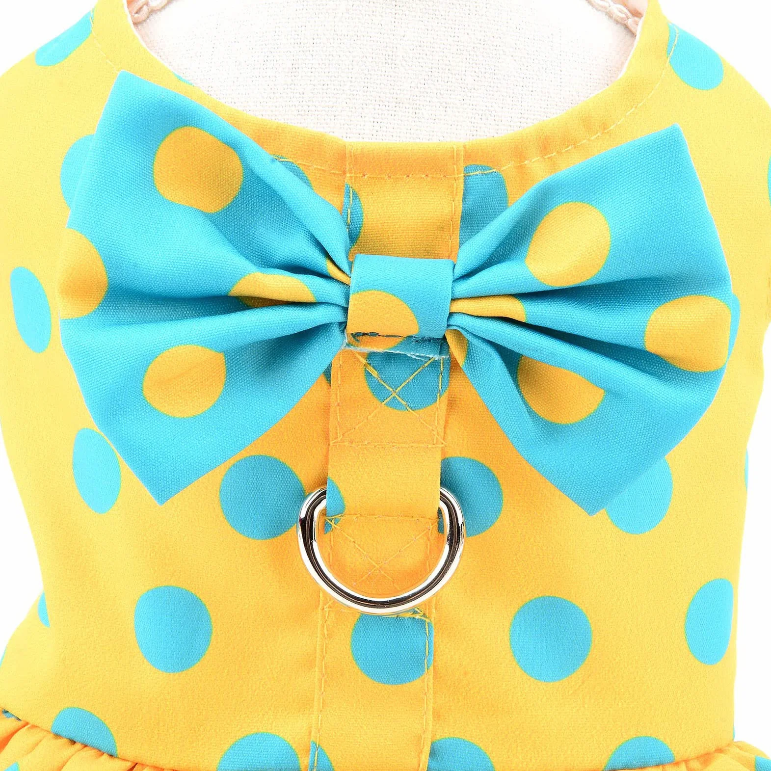 Robe Harnais pour Chien avec Laisse et Nœud - Anneau en D - Vêtements d'été - Pois Jaunes - Taille M
