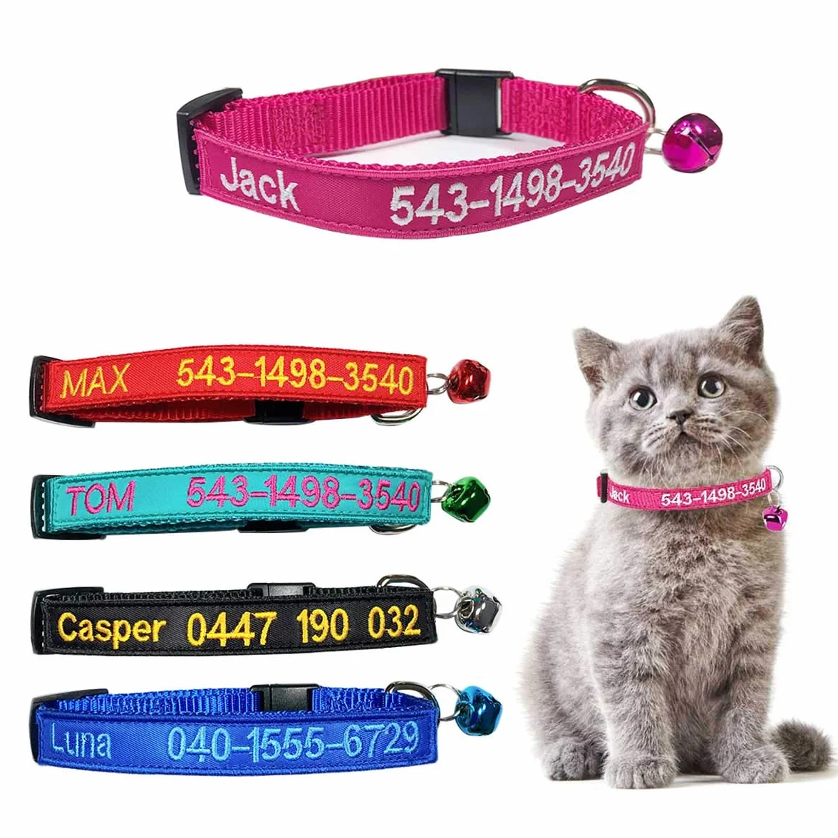 Collier personnalisé pour chat avec cloche et boucle de sécurité, nom brodé