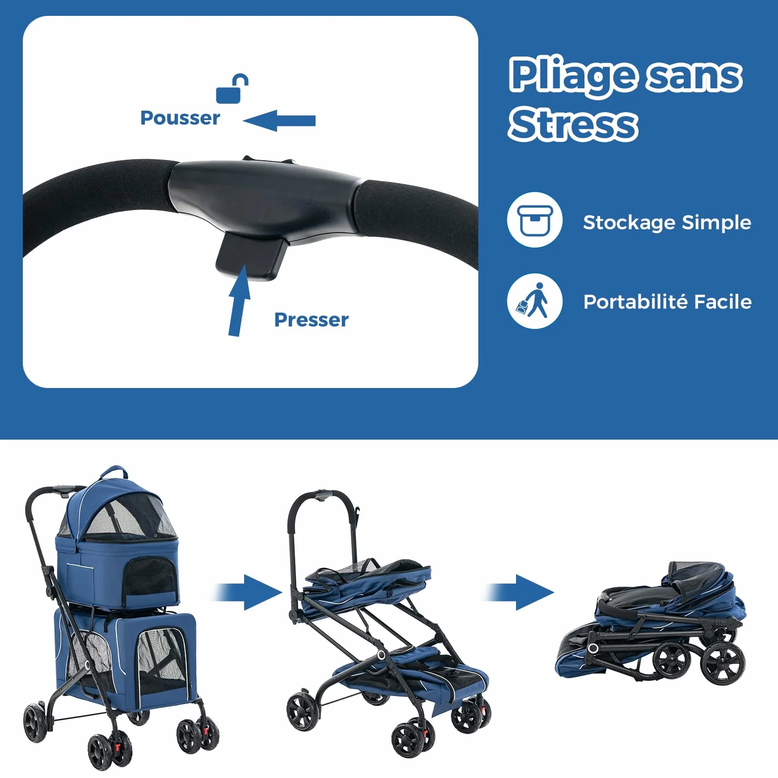 GOPLUS 3 en 1 Poussette Pliable à 2 Niveaux pour Chien Chat, 2 Sacs Détachables, Fenêtre en Maille, Roues avec Freins, Coussins Amovibles, Chariot de Voyage pour Chiens, Chats (Bleu)