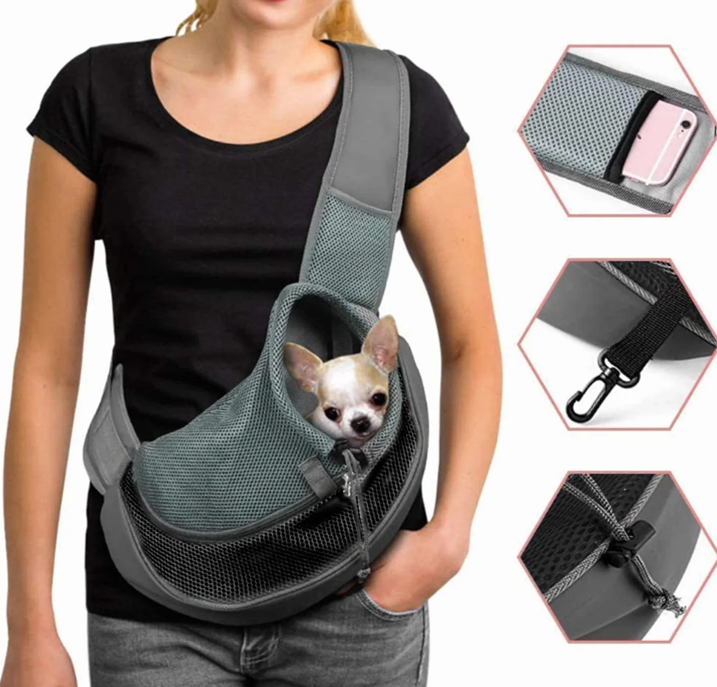 Sac de Transport Chien Réglable Sac à Bandoulière pour Chat Chiot Voyage Petits Animaux avec Pochette Filet Respirant
