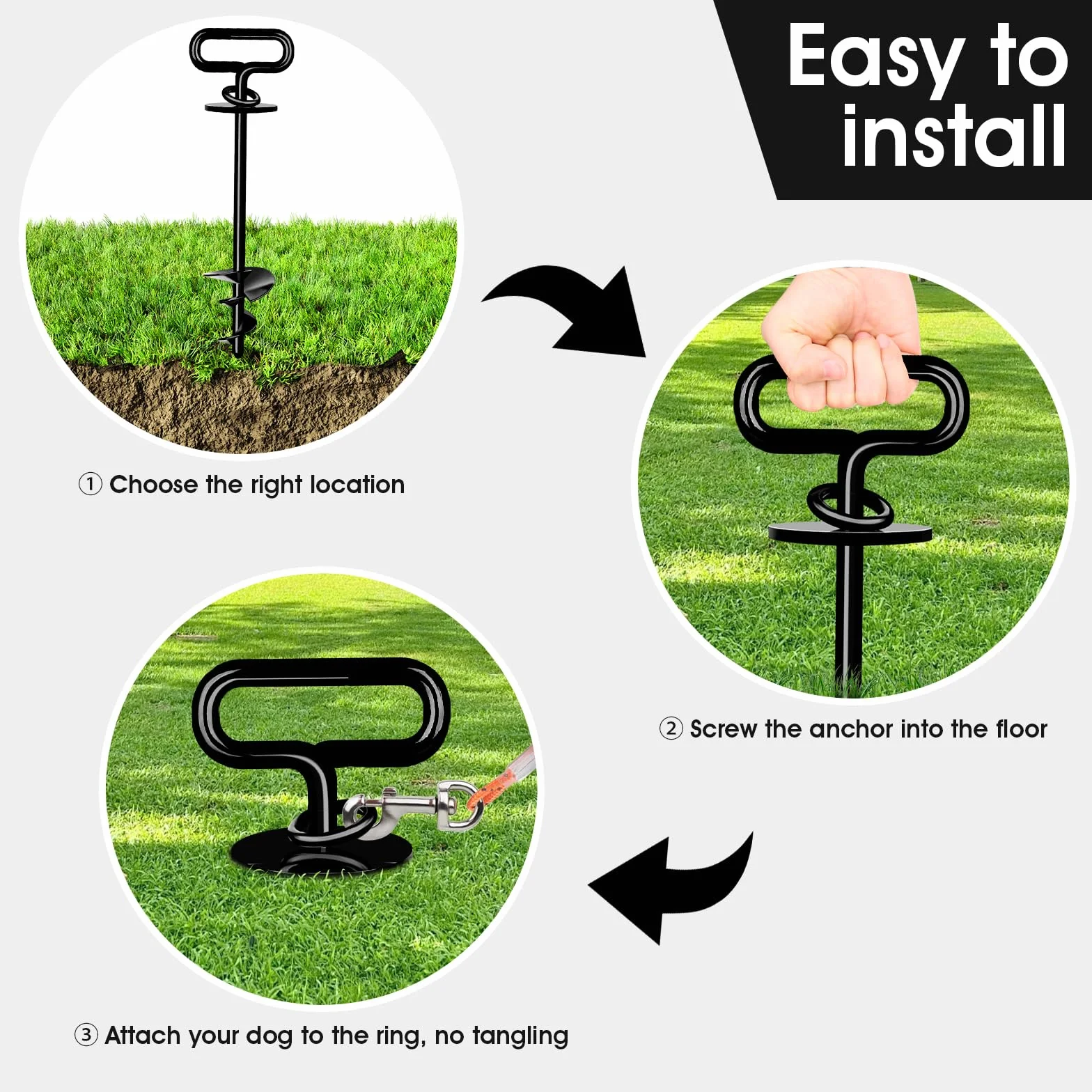 Piquet d'ancrage au sol pour chien 12 mm jusqu'à 100 kg, spirale extérieur noir